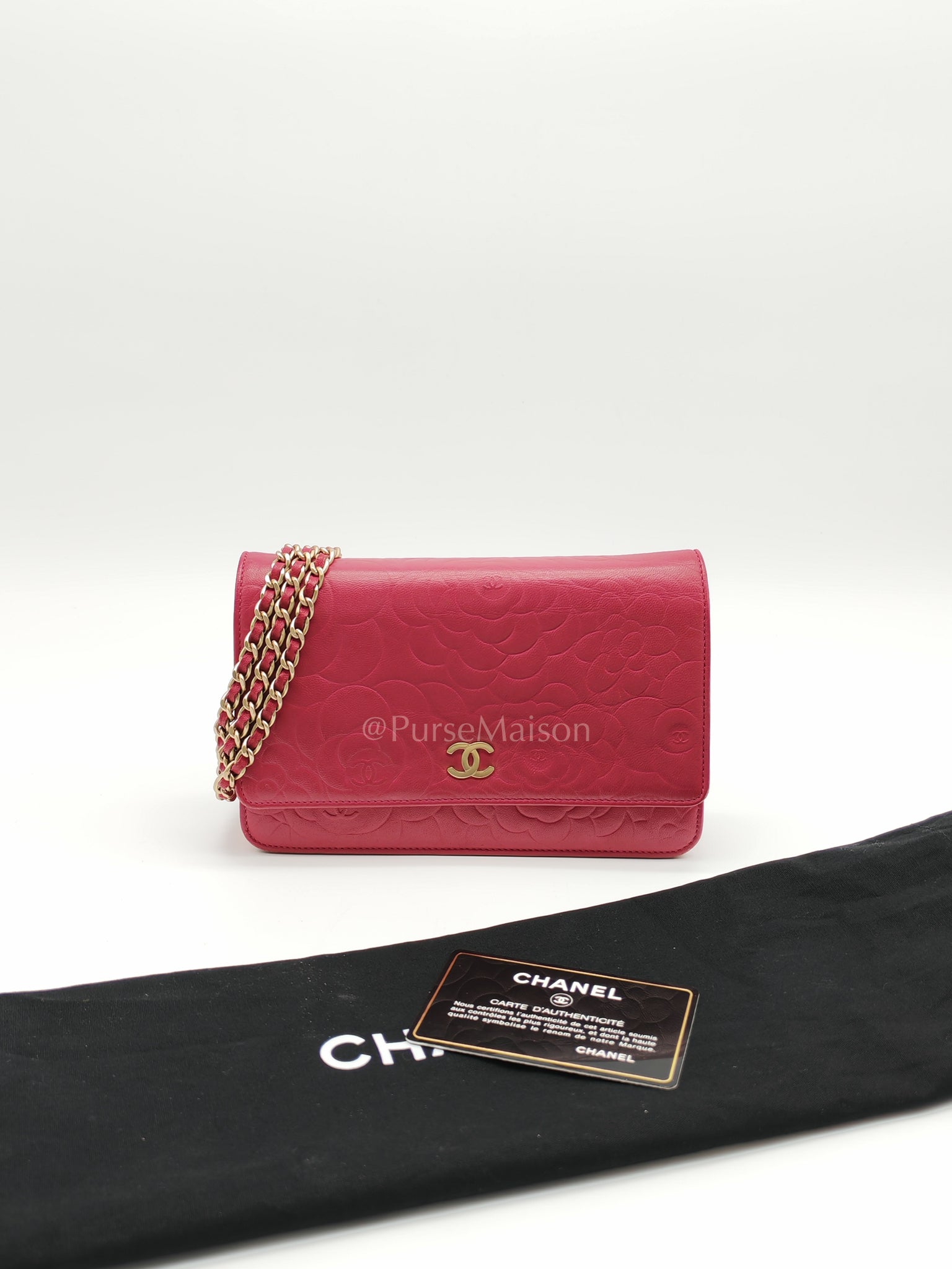 Wallet On Chain (WOC) Camellia Flap Fuchsia Calfskin and Aged Gold Hardware Series 16 | Purse Maison Luxury Bags Shop