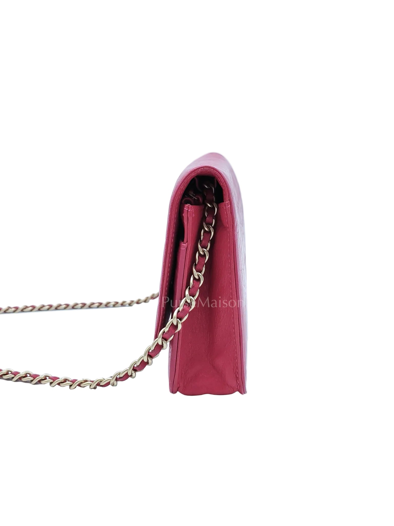 Wallet On Chain (WOC) Camellia Flap Fuchsia Calfskin and Aged Gold Hardware Series 16 | Purse Maison Luxury Bags Shop