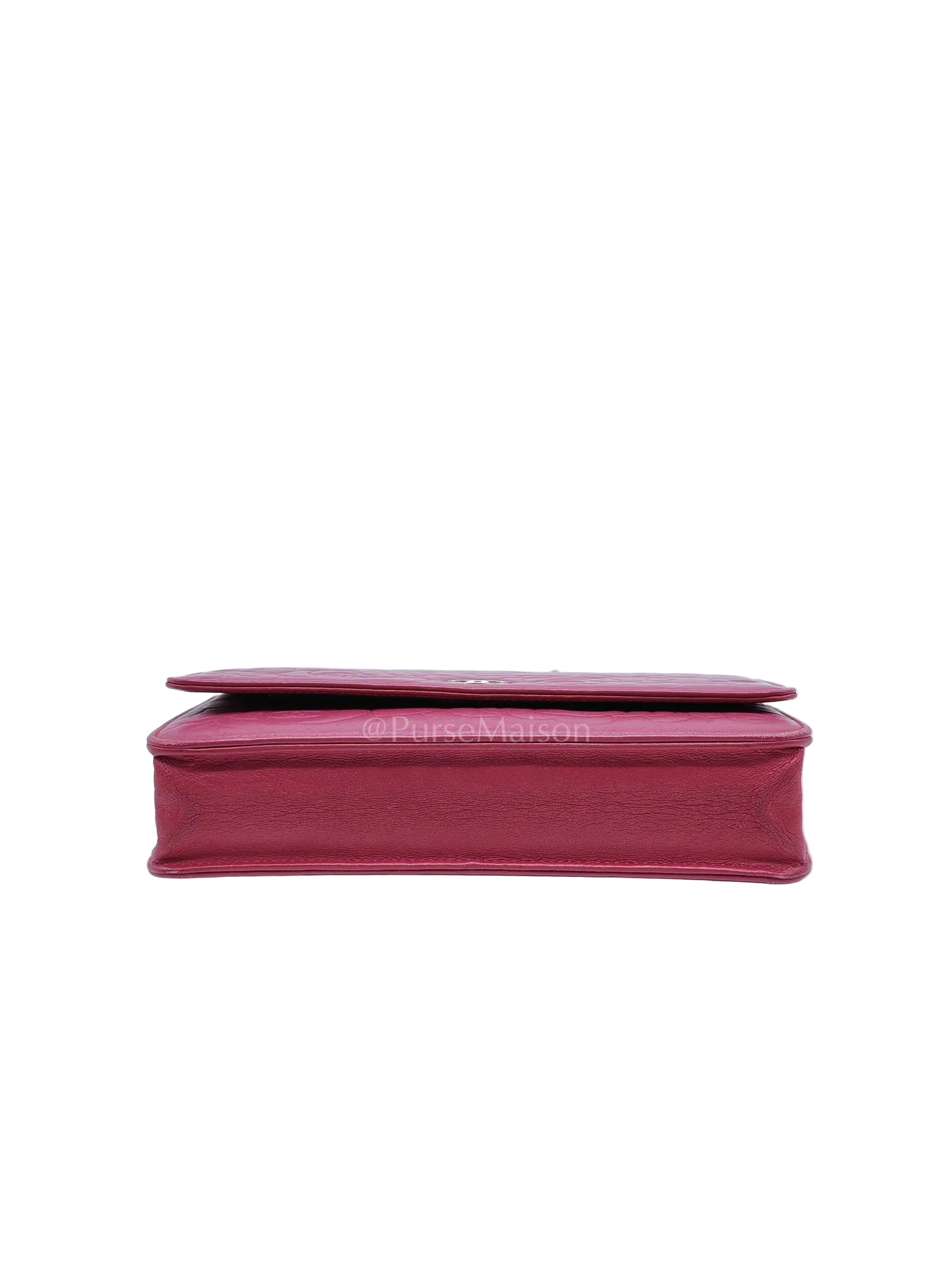 Wallet On Chain (WOC) Camellia Flap Fuchsia Calfskin and Aged Gold Hardware Series 16 | Purse Maison Luxury Bags Shop