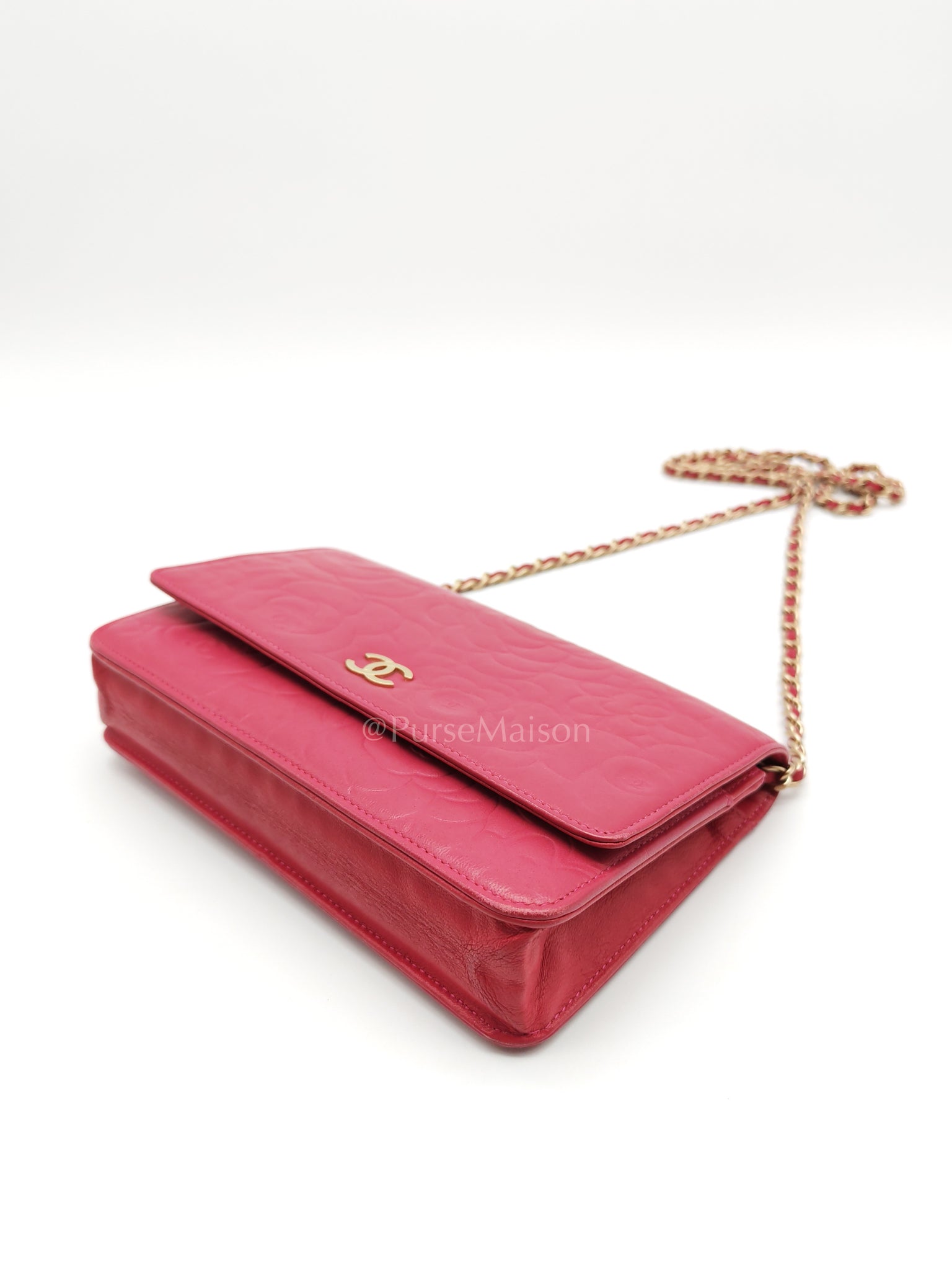 Wallet On Chain (WOC) Camellia Flap Fuchsia Calfskin and Aged Gold Hardware Series 16 | Purse Maison Luxury Bags Shop