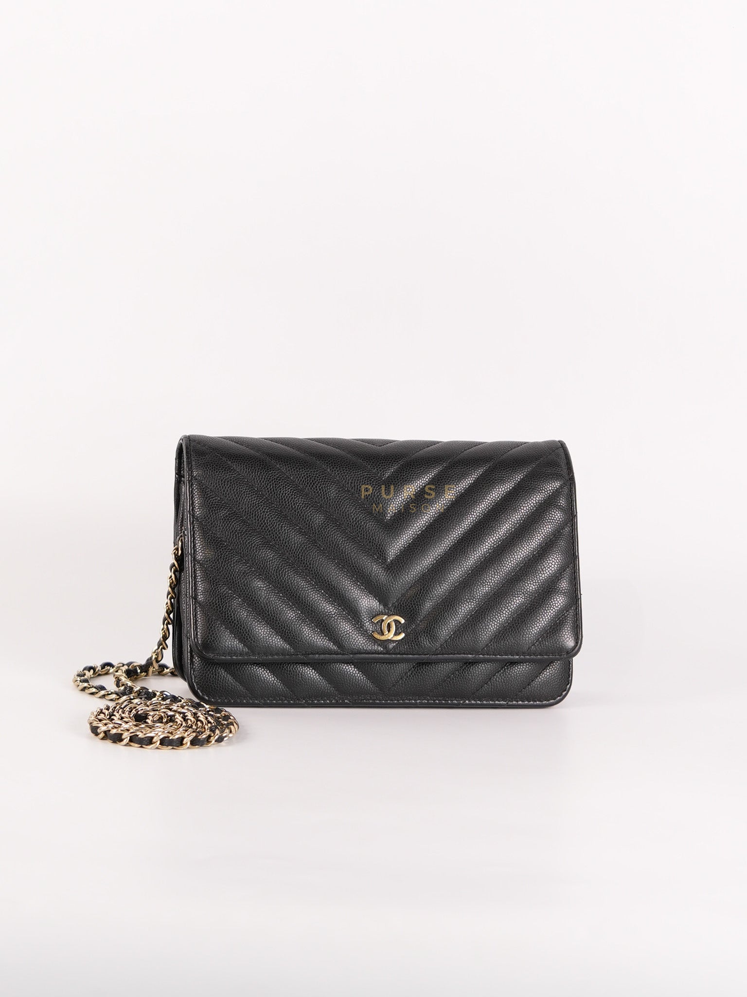 Wallet On Chain (WOC) in Black Caviar Chevron Leather and Gold Hardware Series 27 | Purse Maison Luxury Bags Shop