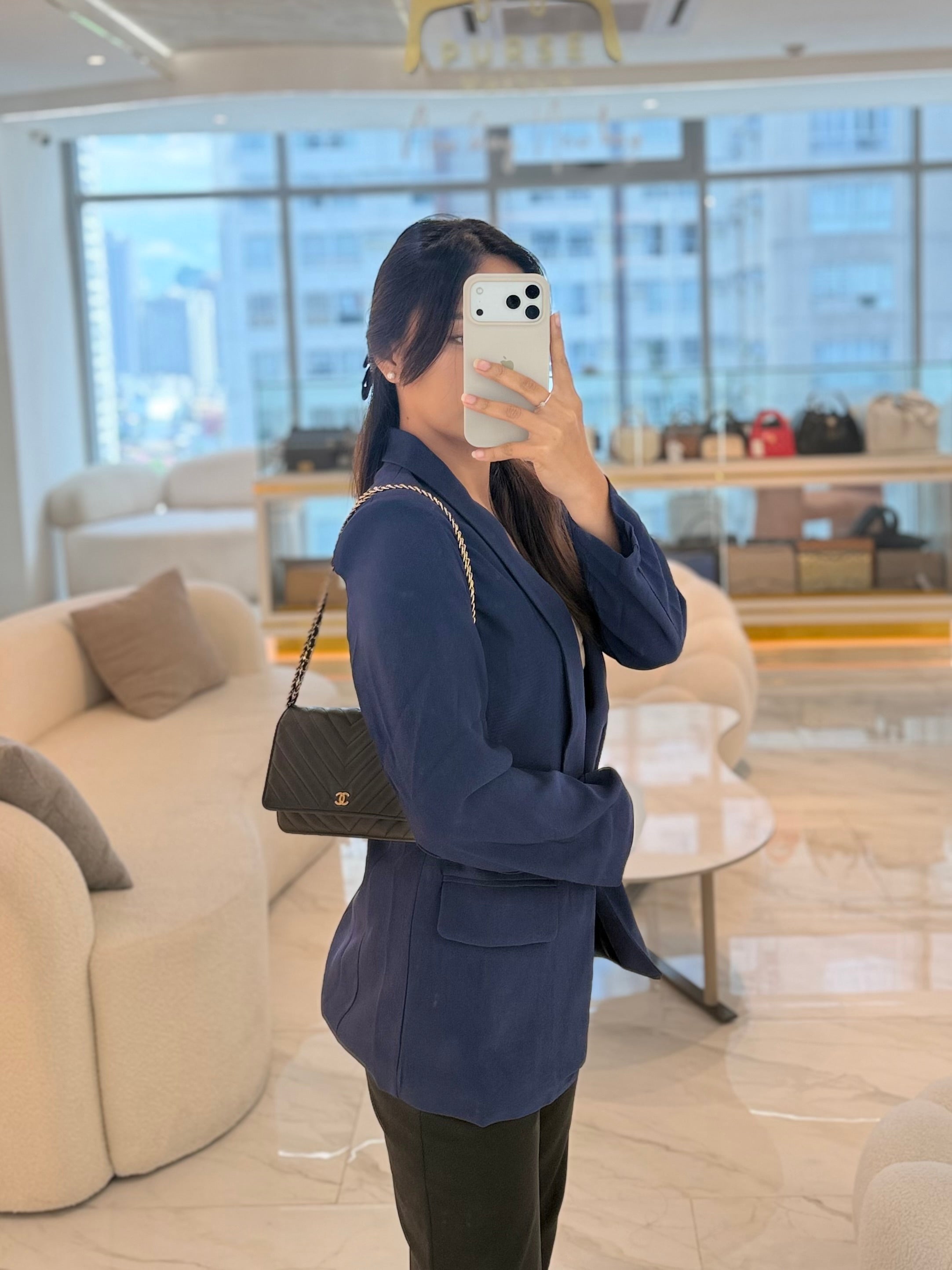 Wallet On Chain (WOC) in Black Caviar Chevron Leather and Gold Hardware Series 27 | Purse Maison Luxury Bags Shop