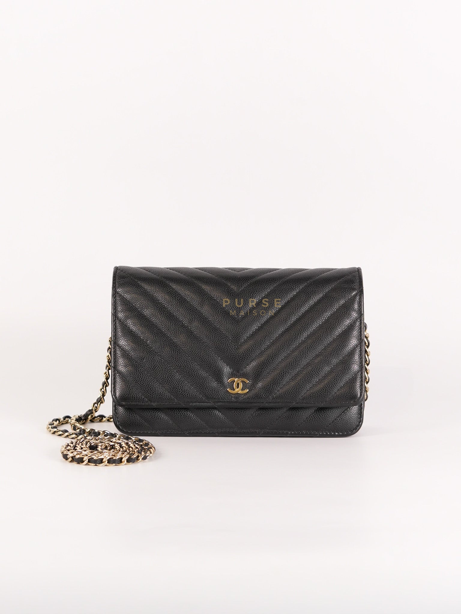 Wallet On Chain (WOC) in Black Caviar Chevron Leather and Gold Hardware Series 27 | Purse Maison Luxury Bags Shop