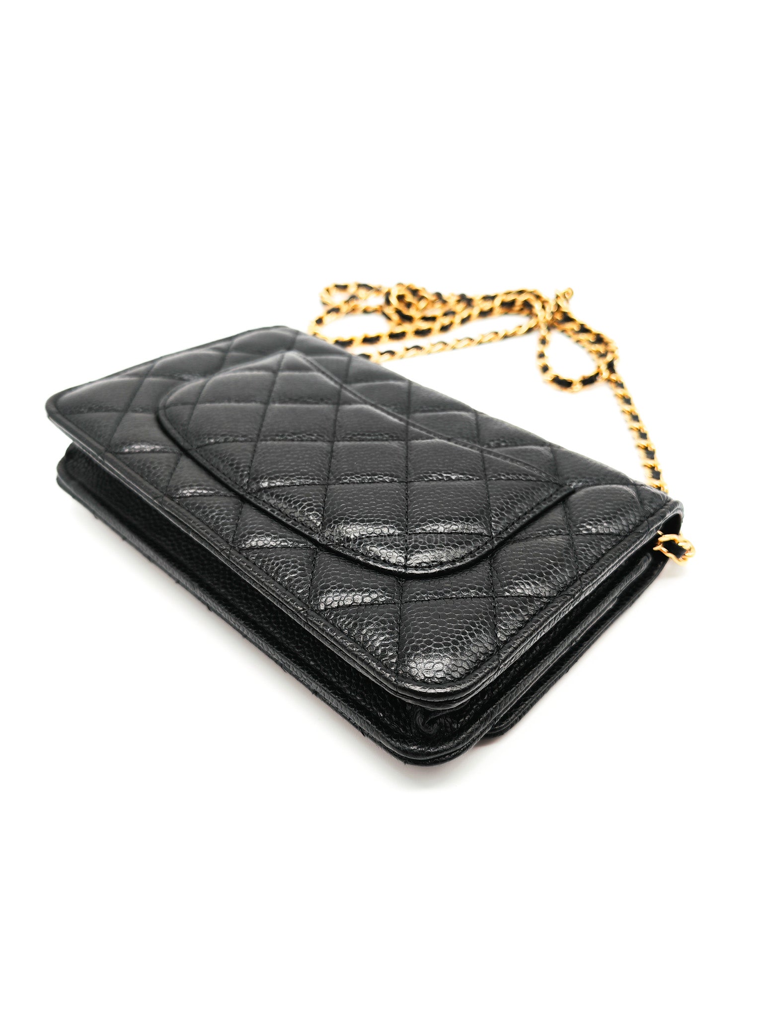 Wallet On Chain (WOC) in Black Caviar Leather and Gold Hardware (Microchip) | Purse Maison Luxury Bags Shop