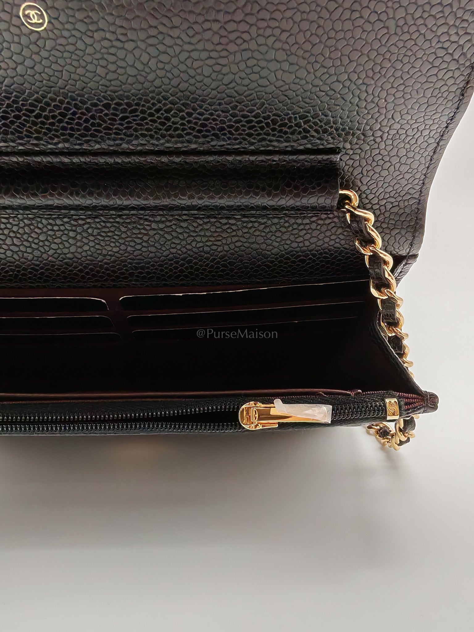 Wallet On Chain (WOC) in Black Caviar Leather and Gold Hardware (Microchip) | Purse Maison Luxury Bags Shop