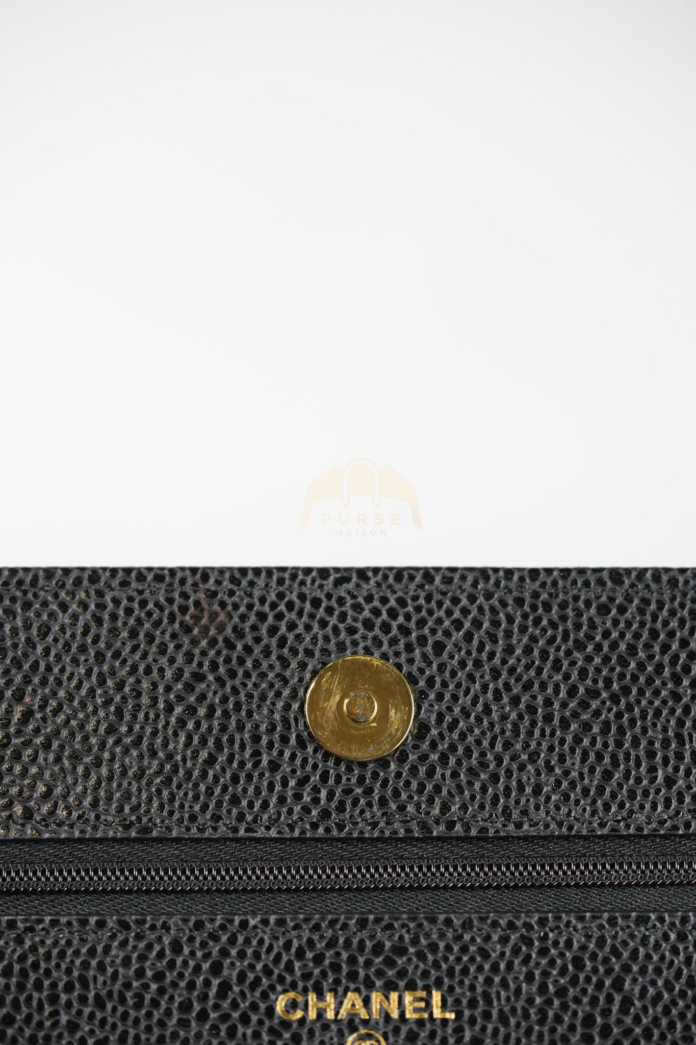 Wallet on Chain (WOC) in Black Caviar Leather & Gold Hardware Microchip | Purse Maison Luxury Bags Shop