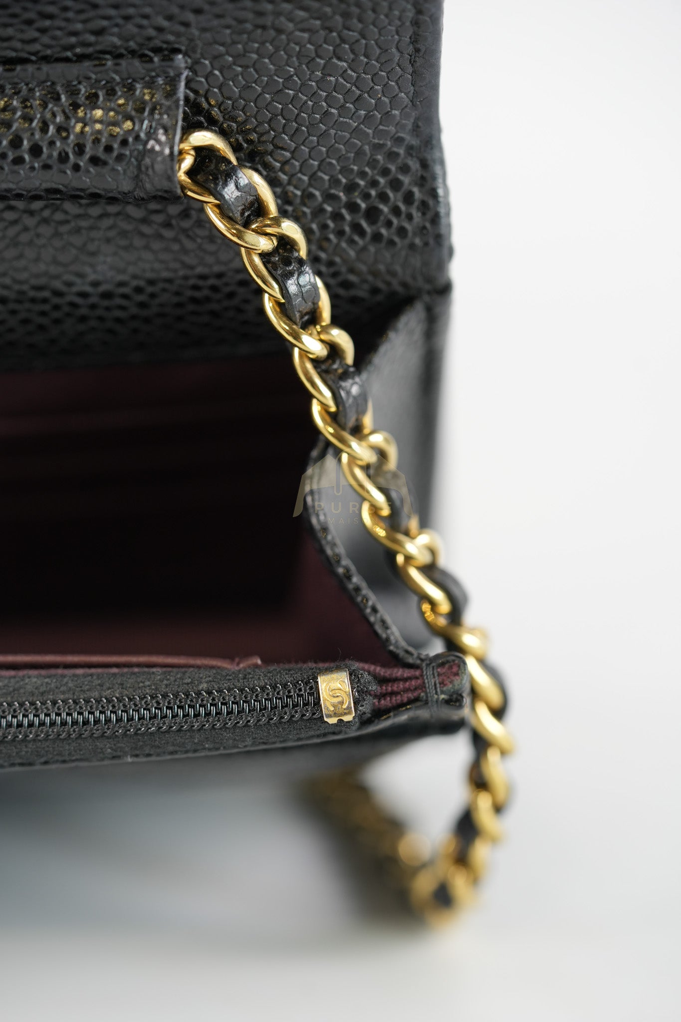 Wallet on Chain (WOC) in Black Caviar Leather & Gold Hardware Microchip | Purse Maison Luxury Bags Shop
