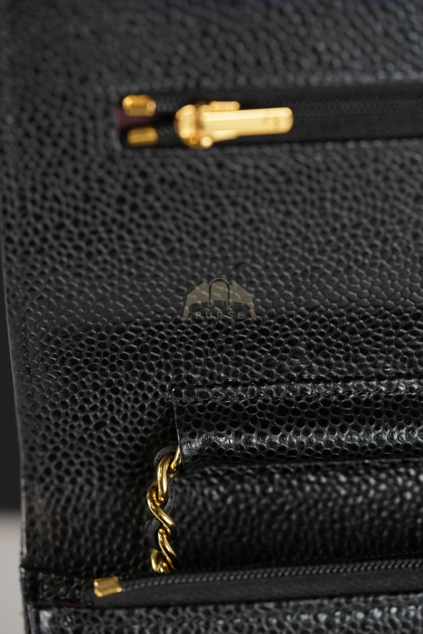 Wallet on Chain (WOC) in Black Caviar Leather & Gold Hardware Microchip | Purse Maison Luxury Bags Shop