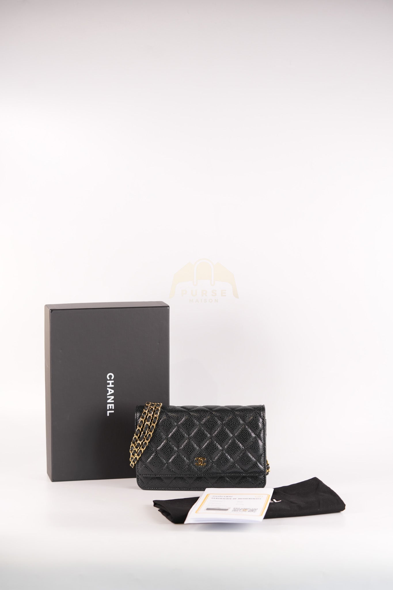Wallet on Chain (WOC) in Black Caviar Leather & Gold Hardware Microchip | Purse Maison Luxury Bags Shop