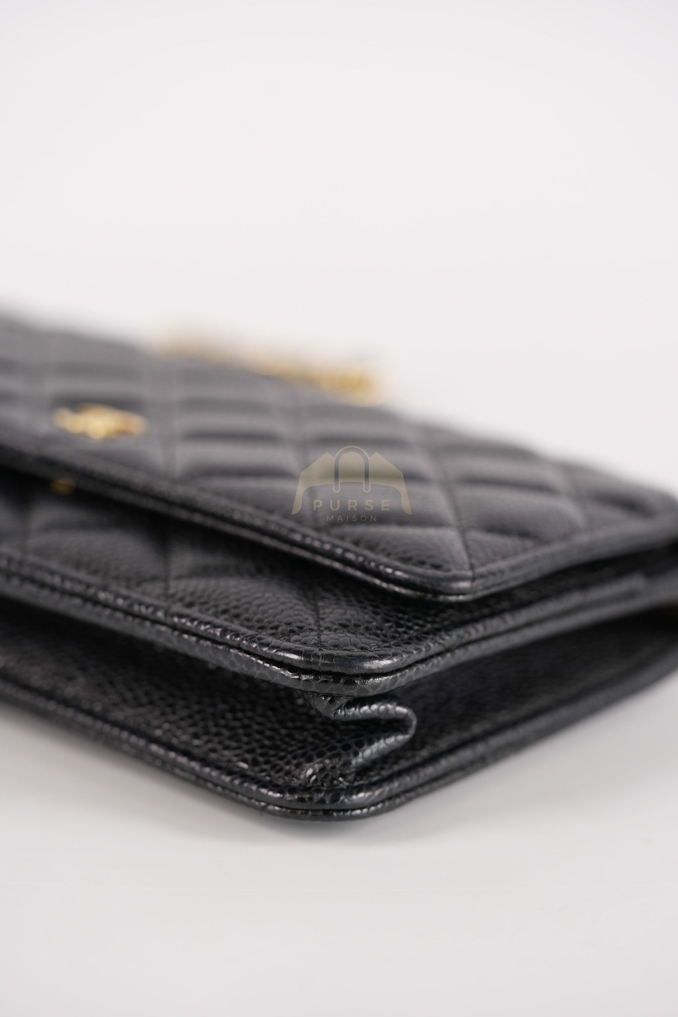 Wallet on Chain (WOC) in Black Caviar Leather & Gold Hardware Microchip | Purse Maison Luxury Bags Shop