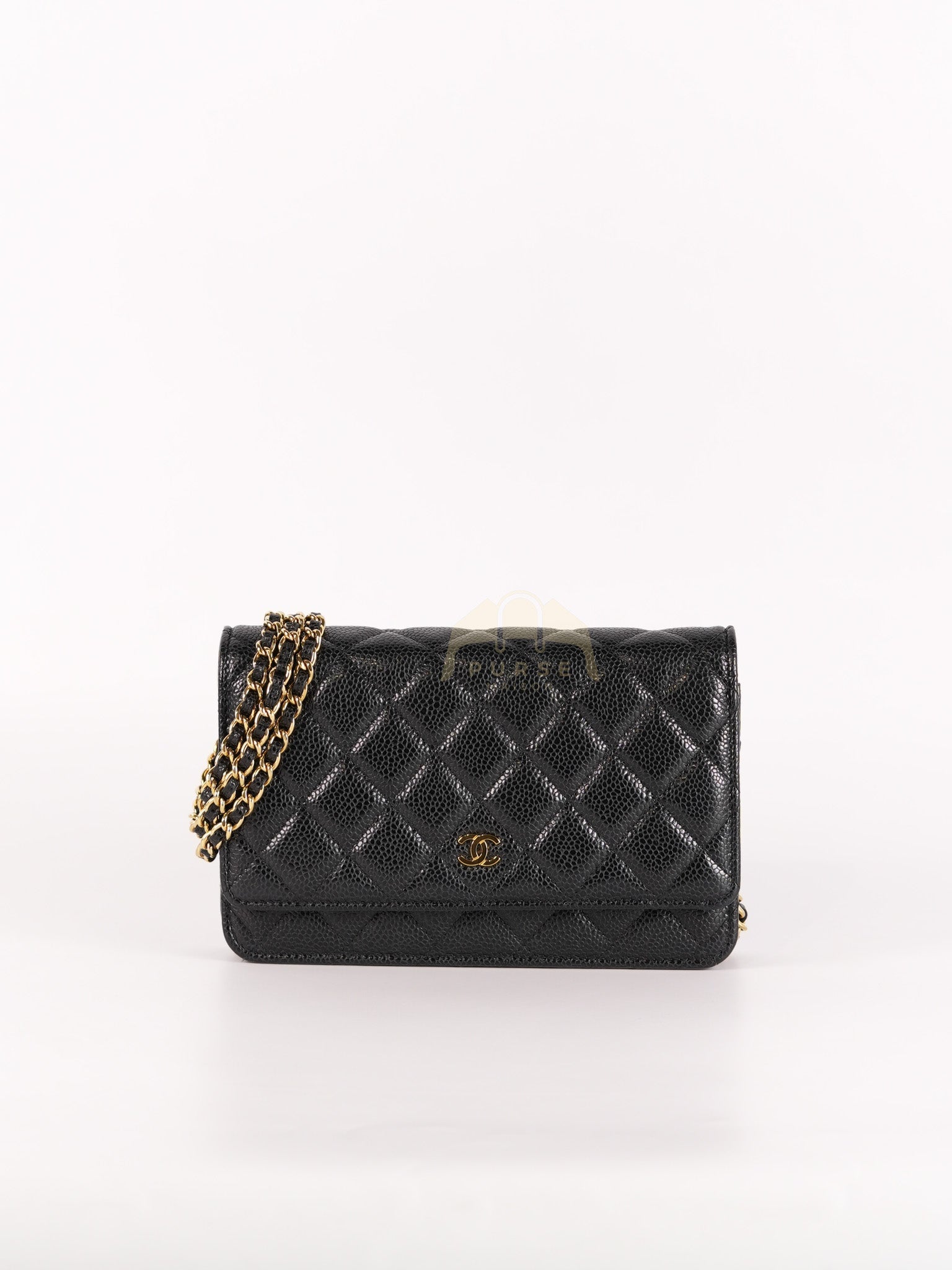 Wallet on Chain (WOC) in Black Caviar Leather & Gold Hardware Microchip | Purse Maison Luxury Bags Shop