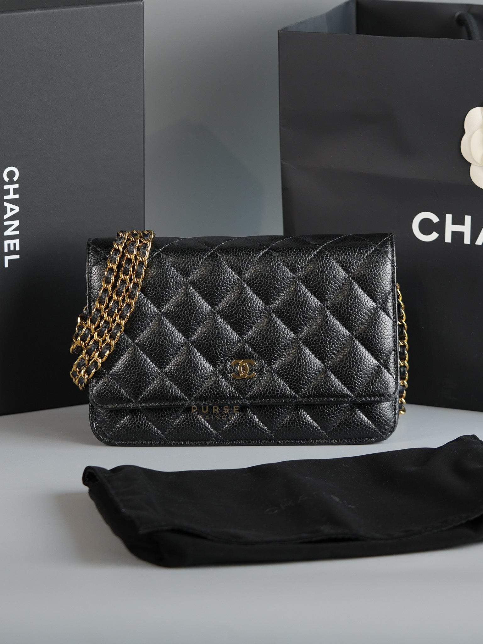 Wallet on Chain (WOC) in Black Caviar Quilted Leather (Microchip) | Purse Maison Luxury Bags Shop