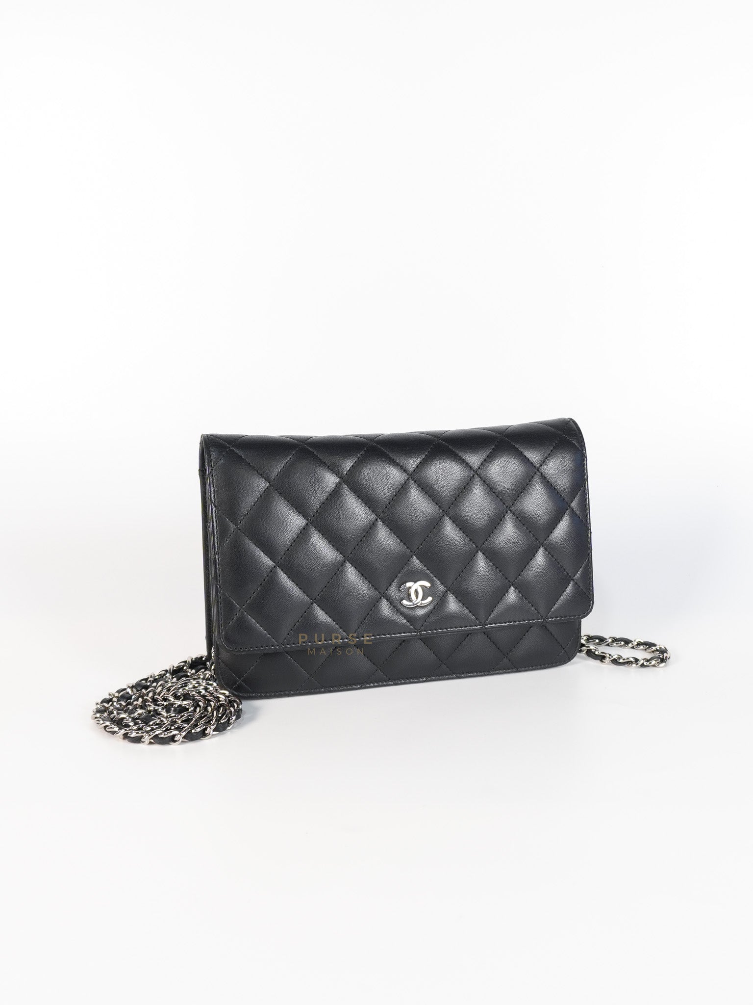Wallet on Chain WOC in Black Lambskin Leather and Silver Hardware Series 19 | Purse Maison Luxury Bags Shop