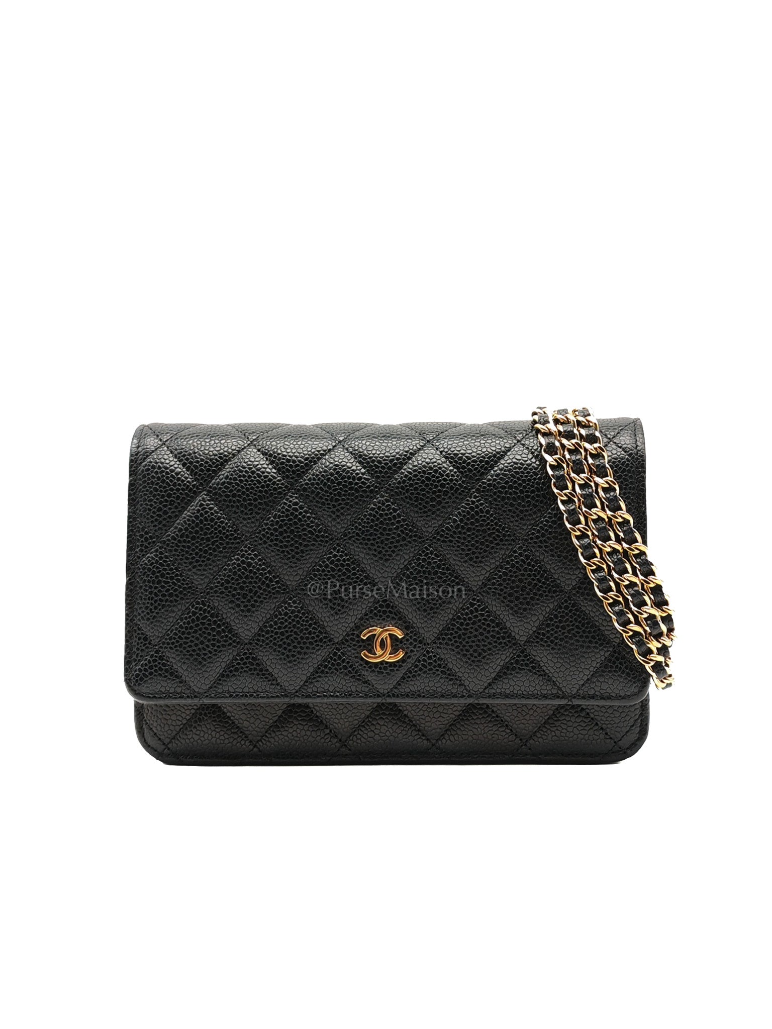 Wallet On Chain (WOC) in Black Quilted Caviar Leather and Gold Hardware Microchip | Purse Maison Luxury Bags Shop