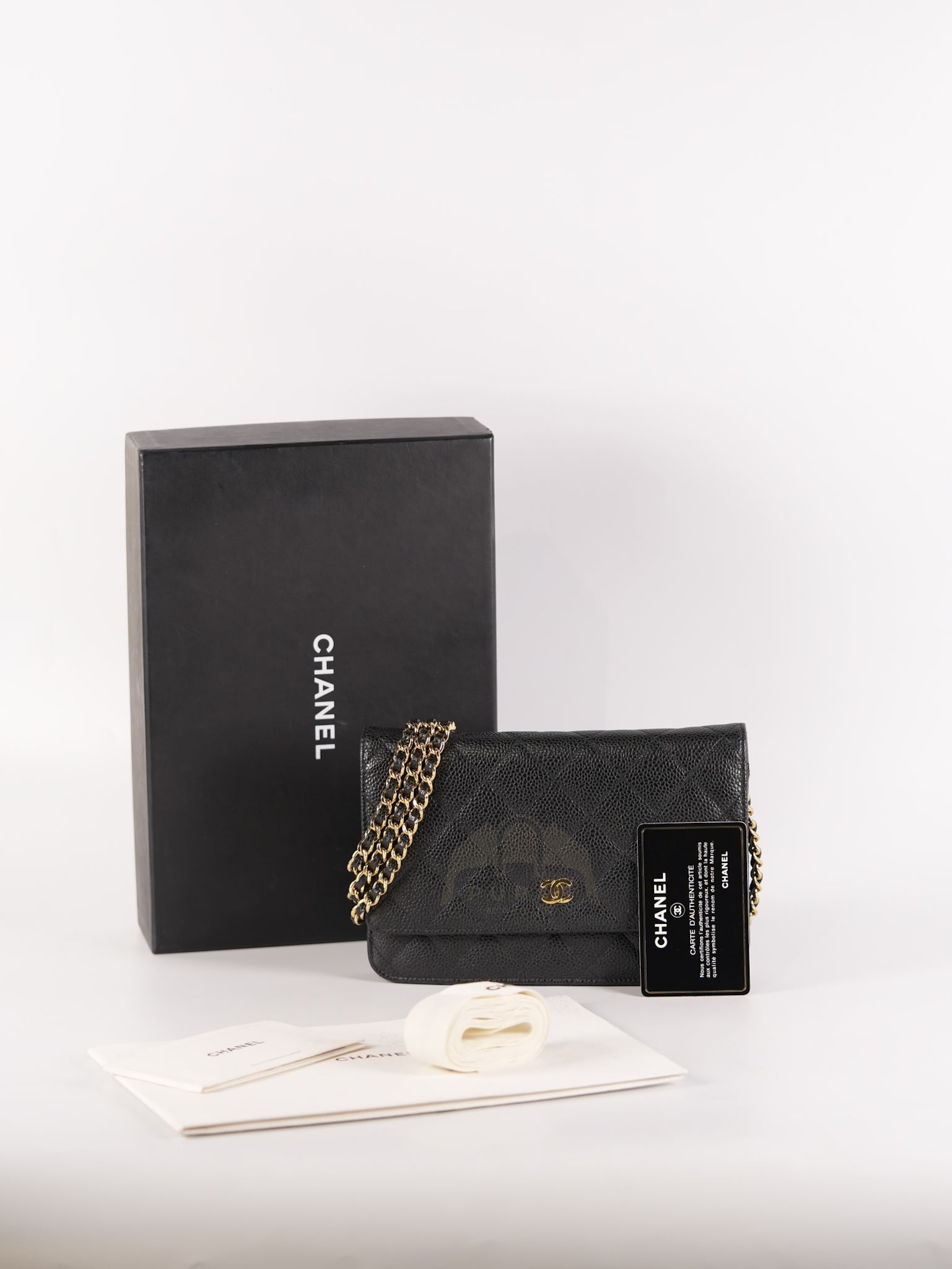 Wallet On Chain (WOC) in Black Quilted Caviar Leather and Gold Hardware Series 22 | Purse Maison Luxury Bags Shop