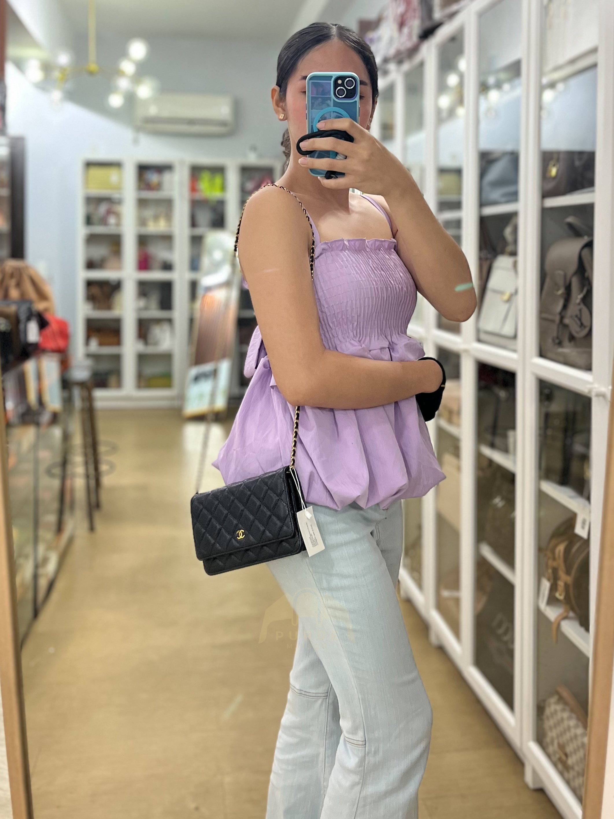 Wallet on Chain (WOC) in Black Caviar Leather & Gold Hardware Microchip | Purse Maison Luxury Bags Shop