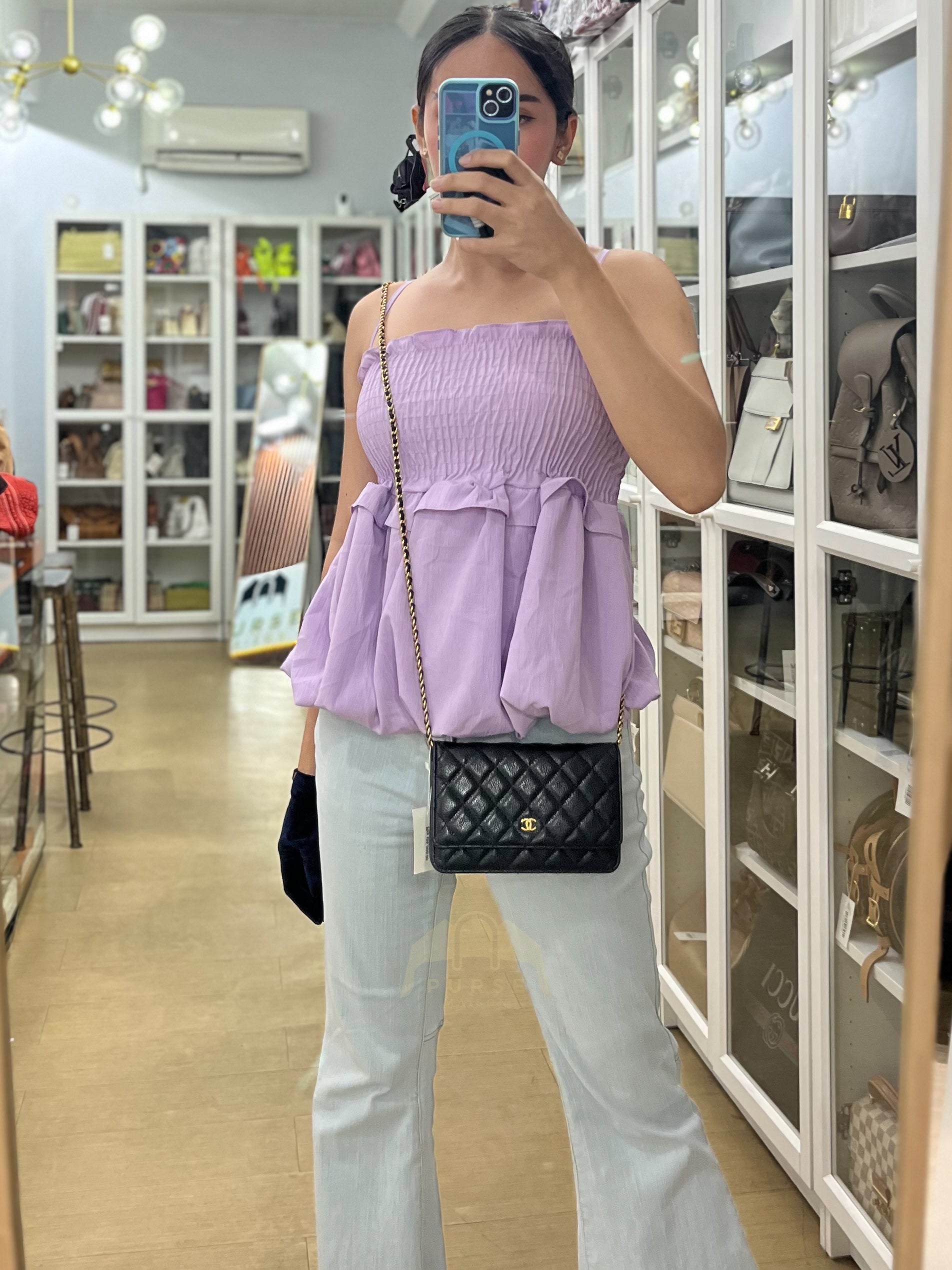 Wallet on Chain (WOC) in Black Caviar Leather & Gold Hardware Microchip | Purse Maison Luxury Bags Shop