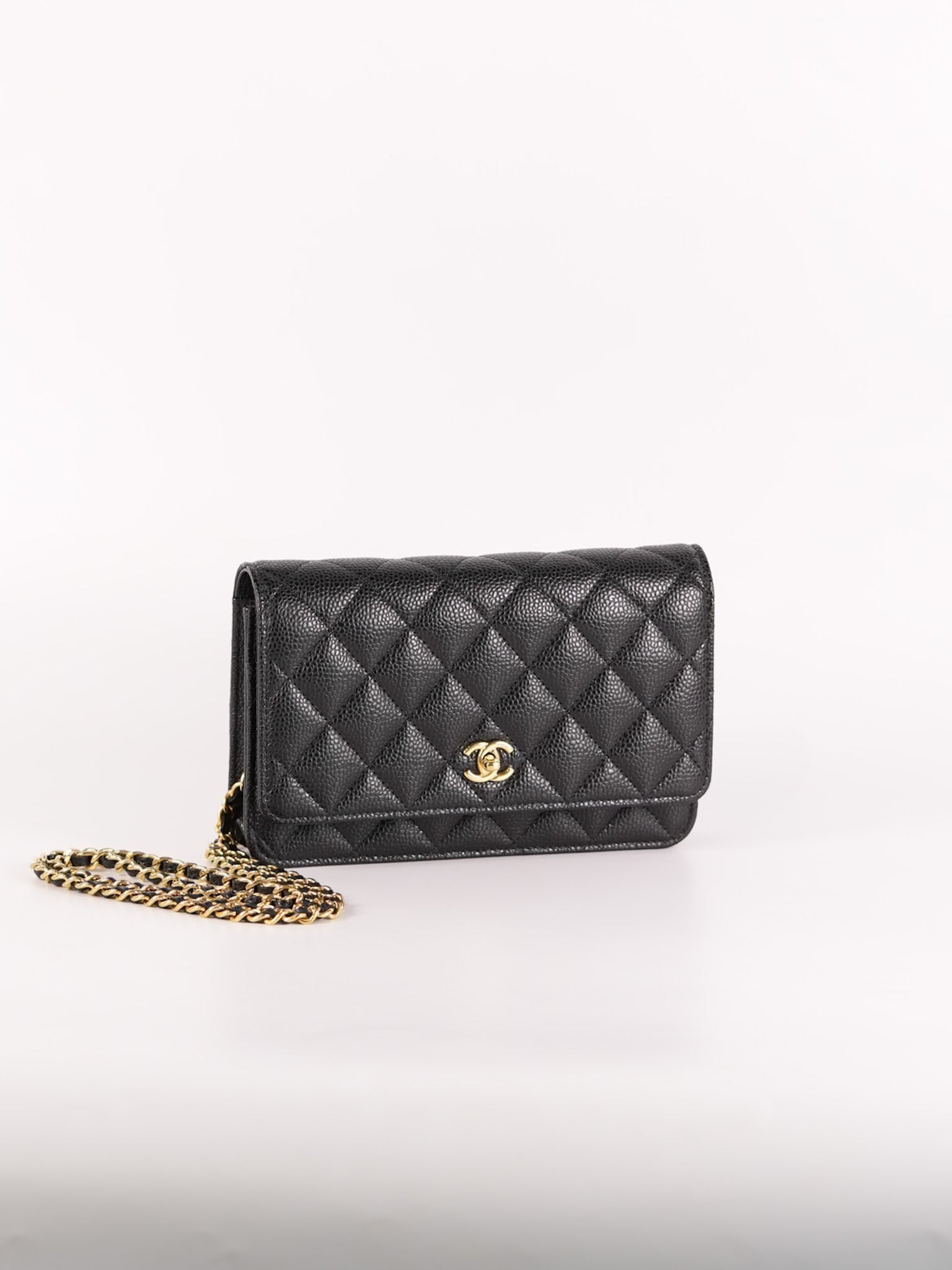 Wallet On Chain (WOC) in Black Quilted Caviar Leather & Gold Hardware Microchip | Purse Maison Luxury Bags Shop