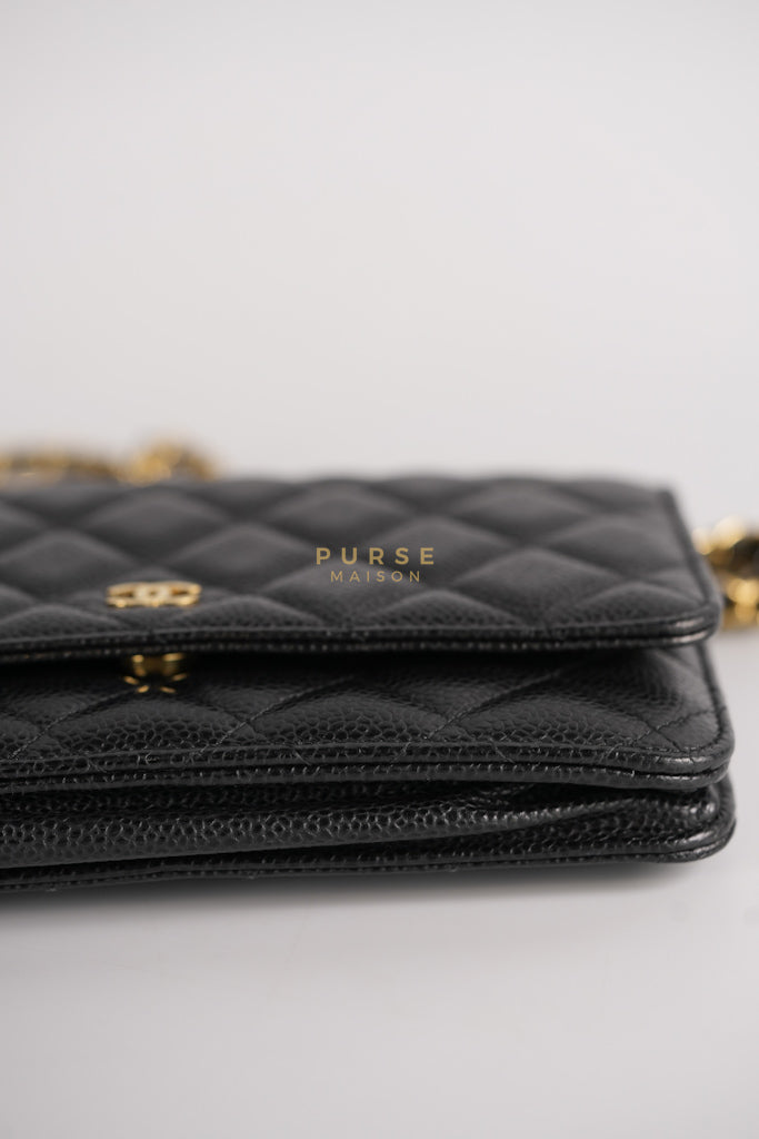 Wallet on Chain (WOC) in Black Quilted Caviar Leather & Gold Hardware Series 28 | Purse Maison Luxury Bags Shop