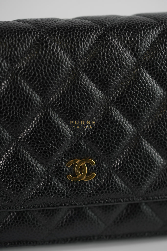 Wallet on Chain (WOC) in Black Quilted Caviar Leather & Gold Hardware Series 28 | Purse Maison Luxury Bags Shop