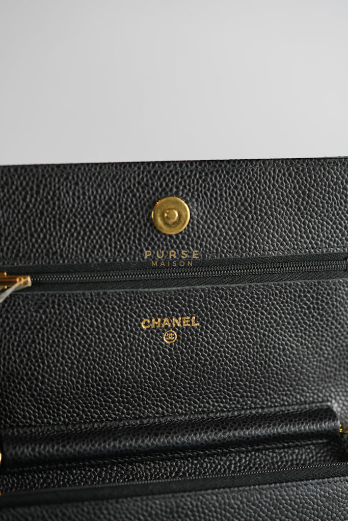 Wallet on Chain (WOC) in Black Quilted Caviar Leather & Gold Hardware Series 28 | Purse Maison Luxury Bags Shop