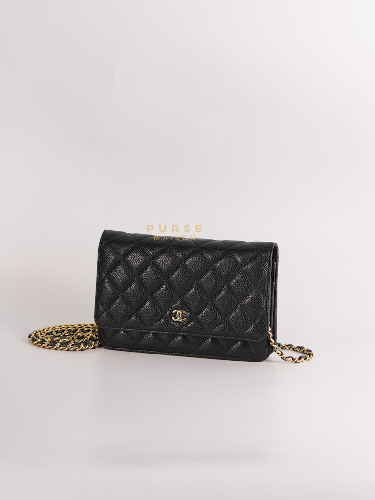 Wallet on Chain (WOC) in Black Quilted Caviar Leather & Gold Hardware Series 28 | Purse Maison Luxury Bags Shop
