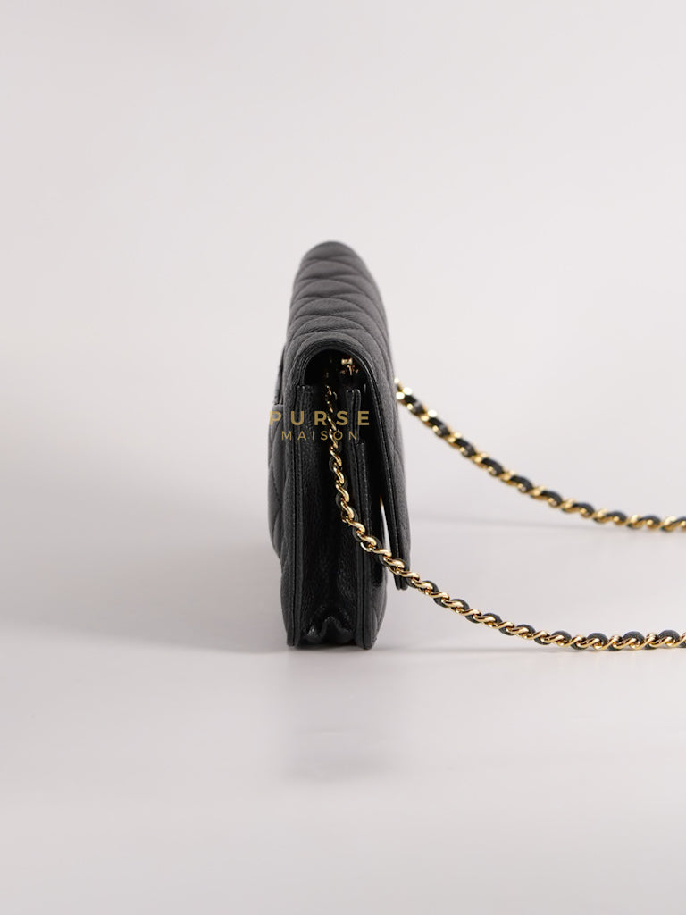 Wallet on Chain (WOC) in Black Quilted Caviar Leather & Gold Hardware Series 28 | Purse Maison Luxury Bags Shop