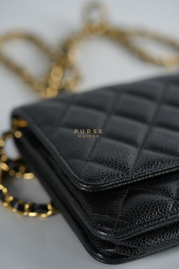 Wallet on Chain (WOC) in Black Quilted Caviar Leather & Gold Hardware Series 28 | Purse Maison Luxury Bags Shop