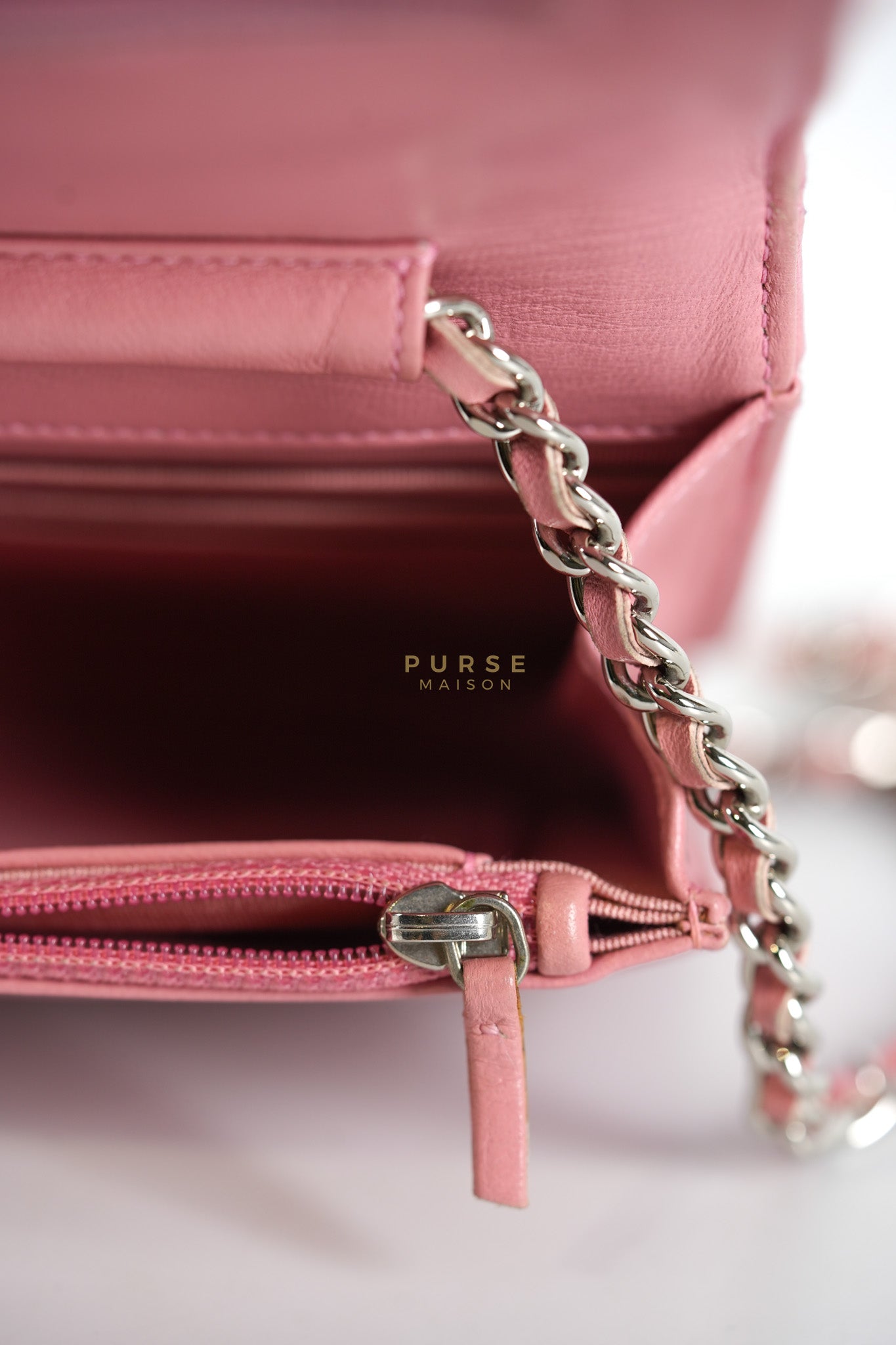 Wallet On Chain (WOC) in Pink Lambskin Leather and Silver Hardware Series 14 | Purse Maison Luxury Bags Shop