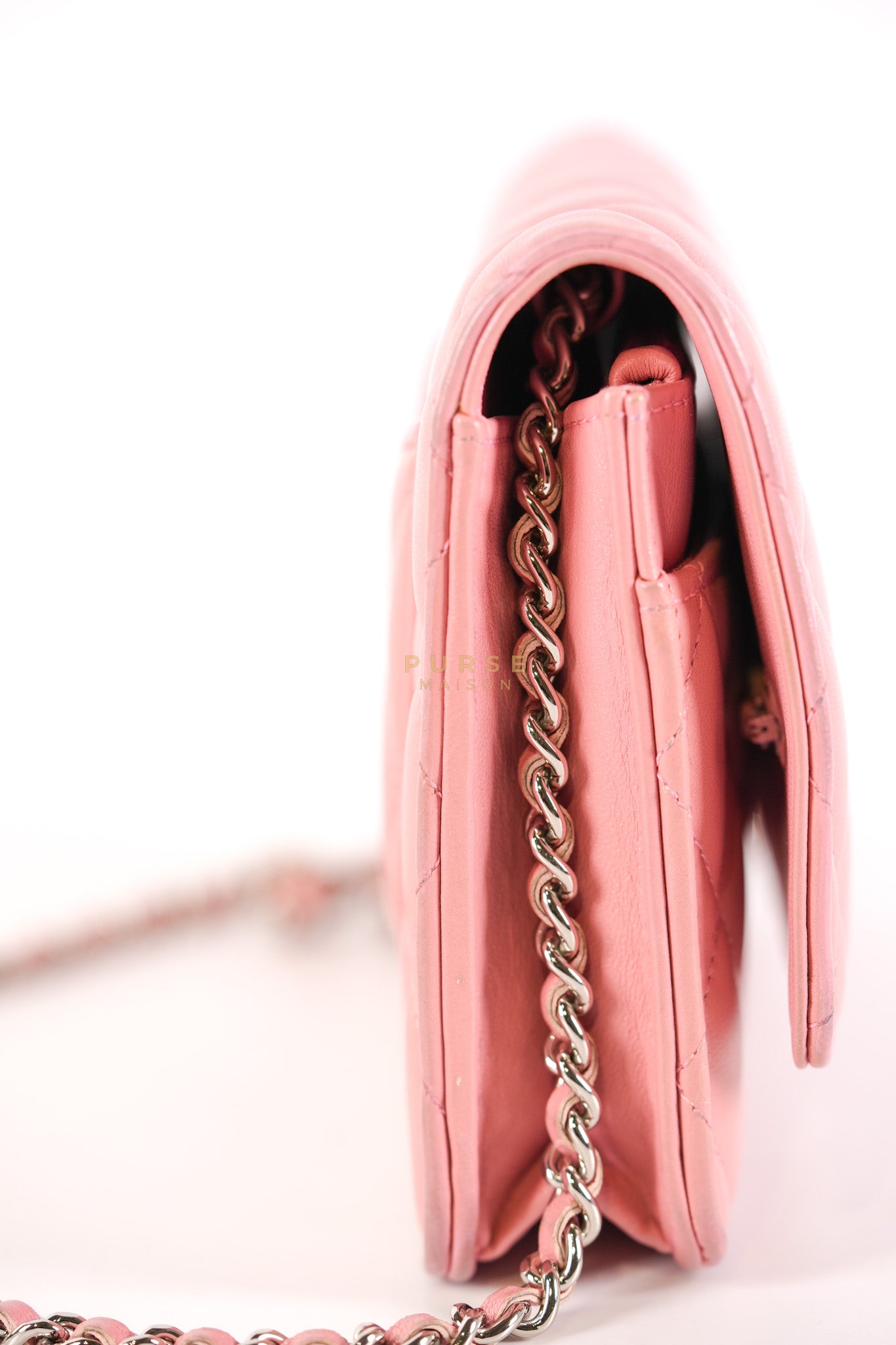 Wallet On Chain (WOC) in Pink Lambskin Leather and Silver Hardware Series 14 | Purse Maison Luxury Bags Shop