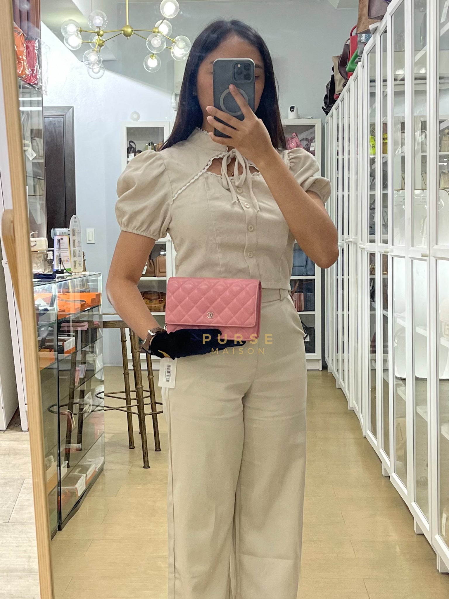 Wallet On Chain (WOC) in Pink Lambskin Leather and Silver Hardware Series 14 | Purse Maison Luxury Bags Shop