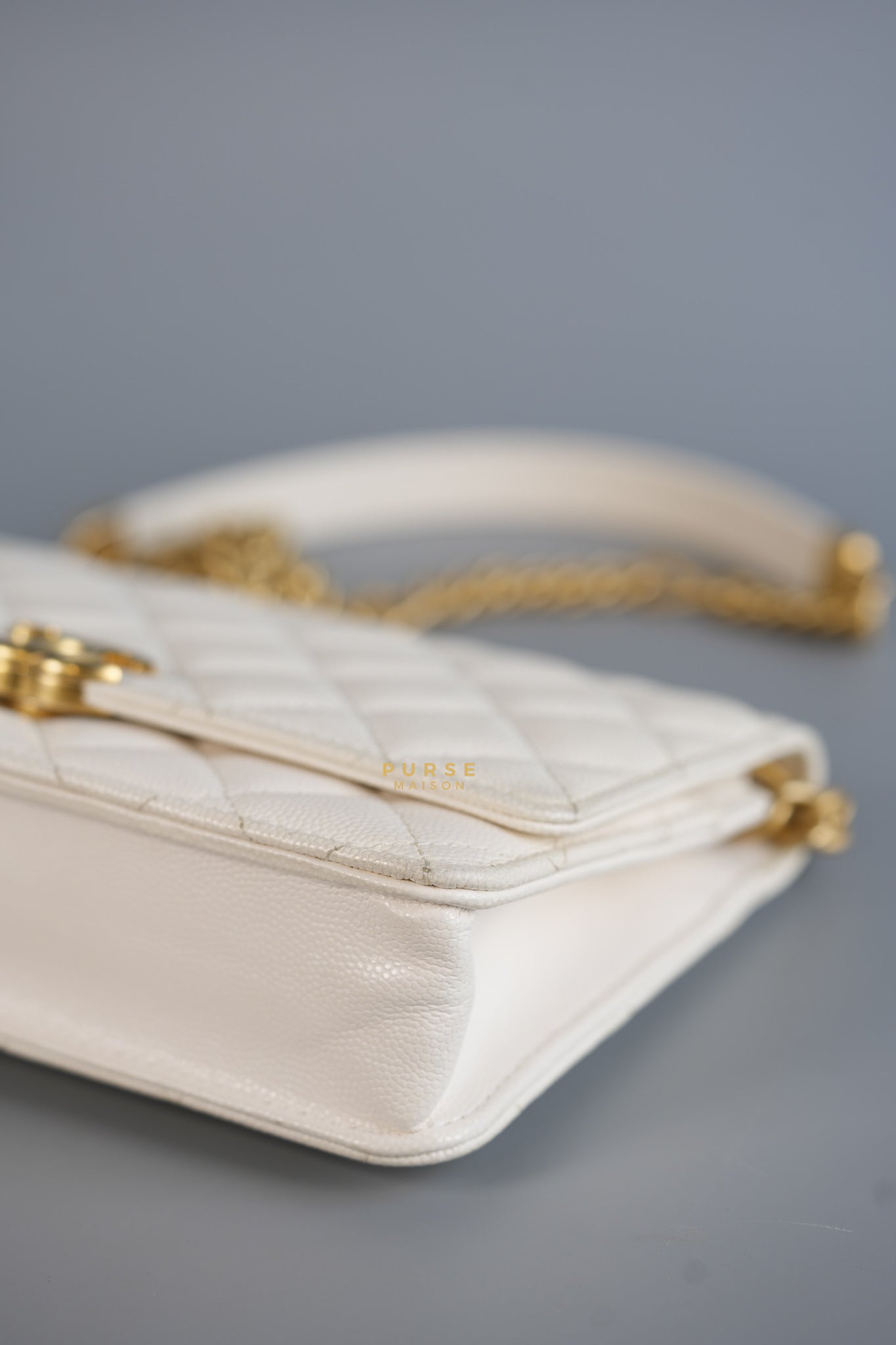 Wallet on Chain (WOC) in White Caviar Leather & Aged Gold Hardware (Microchip) | Purse Maison Luxury Bags Shop