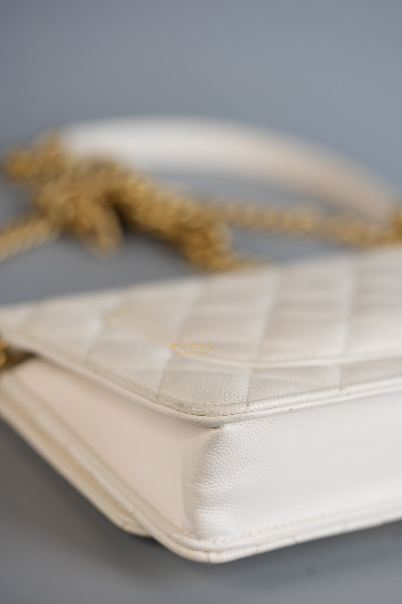 Wallet on Chain (WOC) in White Caviar Leather & Aged Gold Hardware (Microchip) | Purse Maison Luxury Bags Shop