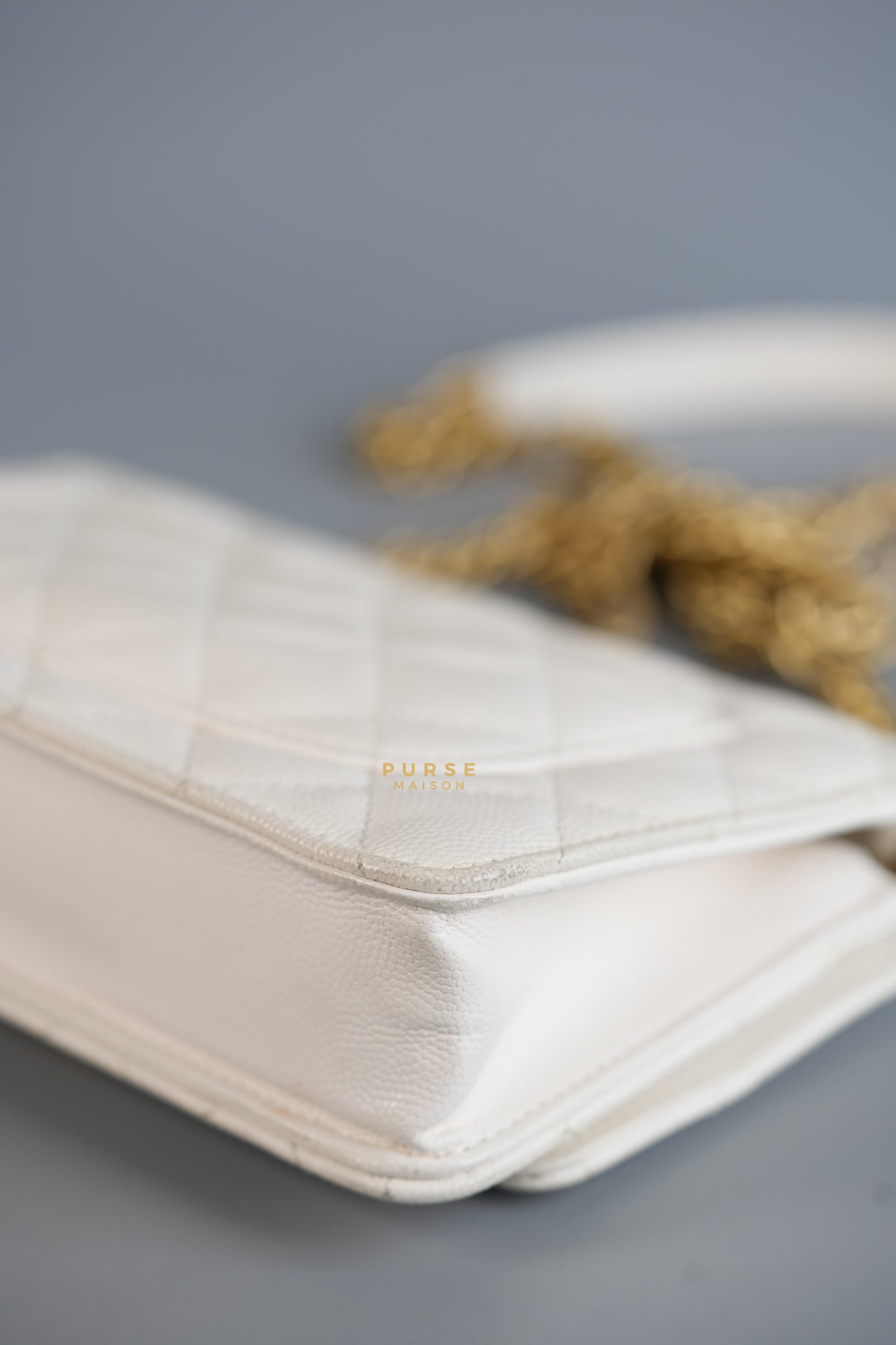 Wallet on Chain (WOC) in White Caviar Leather & Aged Gold Hardware (Microchip) | Purse Maison Luxury Bags Shop