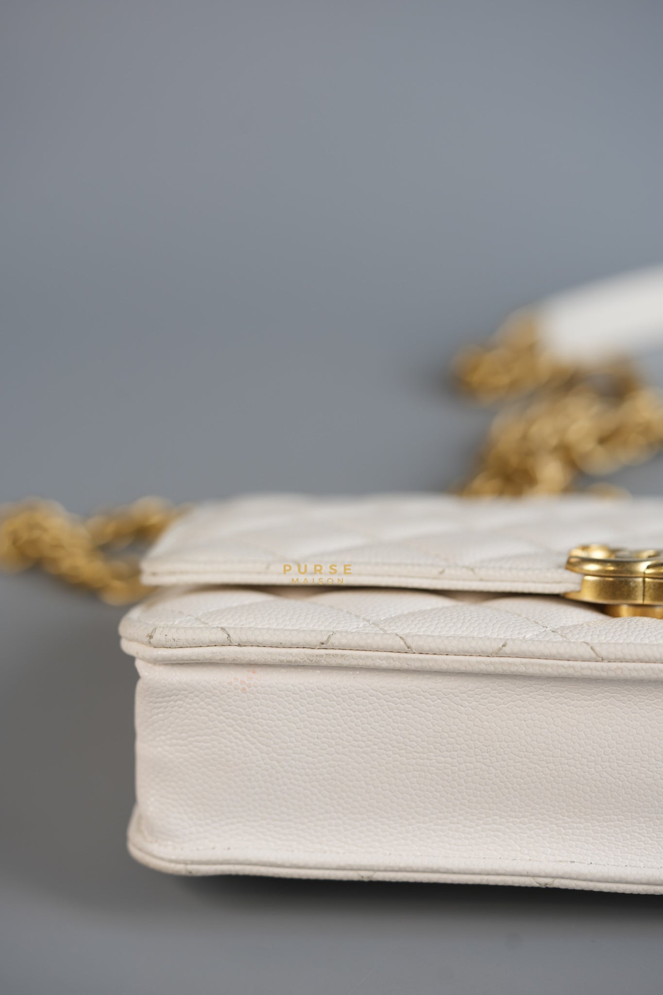 Wallet on Chain (WOC) in White Caviar Leather & Aged Gold Hardware (Microchip) | Purse Maison Luxury Bags Shop