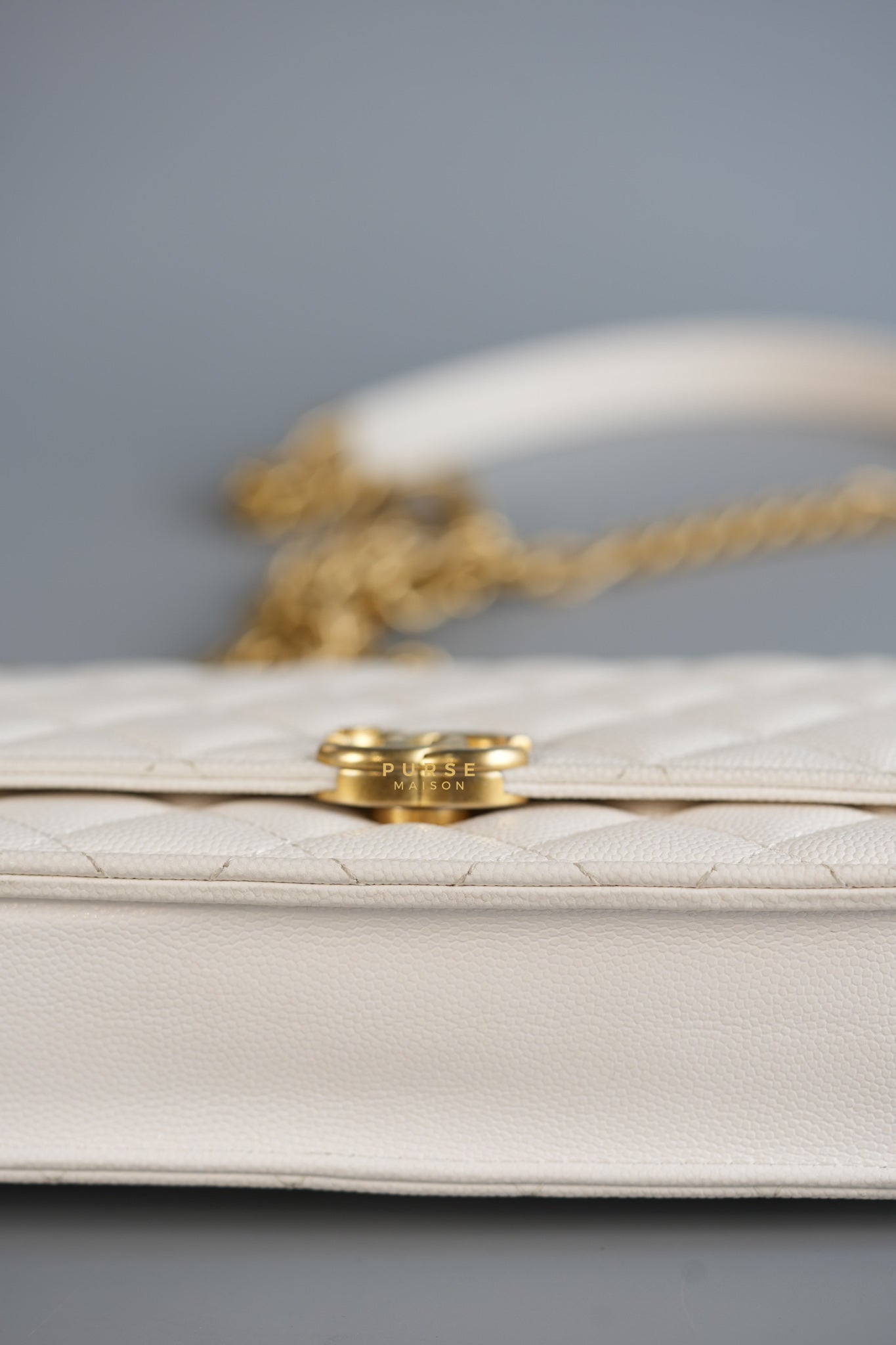 Wallet on Chain (WOC) in White Caviar Leather & Aged Gold Hardware (Microchip) | Purse Maison Luxury Bags Shop