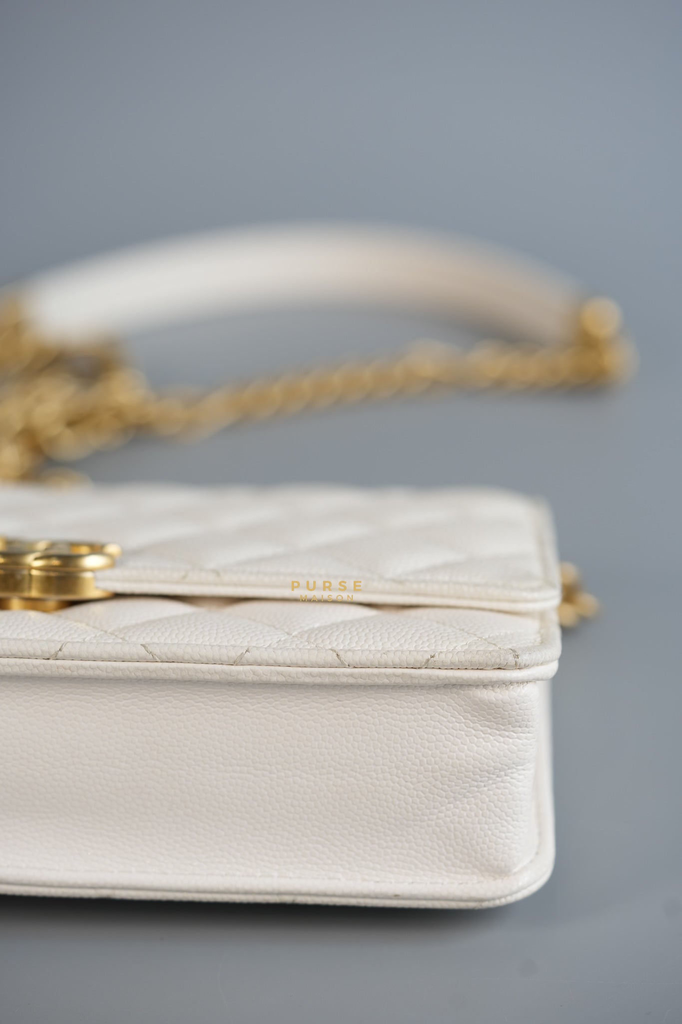 Wallet on Chain (WOC) in White Caviar Leather & Aged Gold Hardware (Microchip) | Purse Maison Luxury Bags Shop