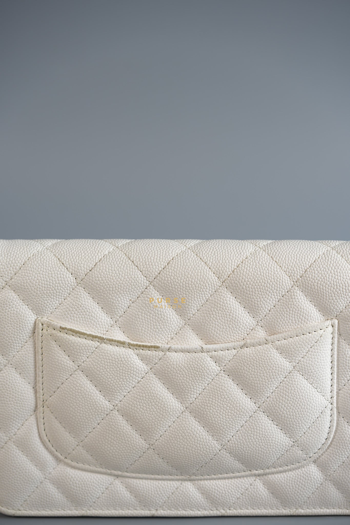 Wallet on Chain (WOC) in White Caviar Leather & Aged Gold Hardware (Microchip) | Purse Maison Luxury Bags Shop