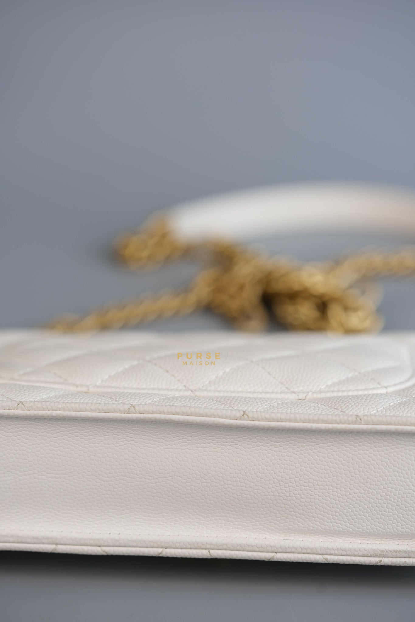 Wallet on Chain (WOC) in White Caviar Leather & Aged Gold Hardware (Microchip) | Purse Maison Luxury Bags Shop