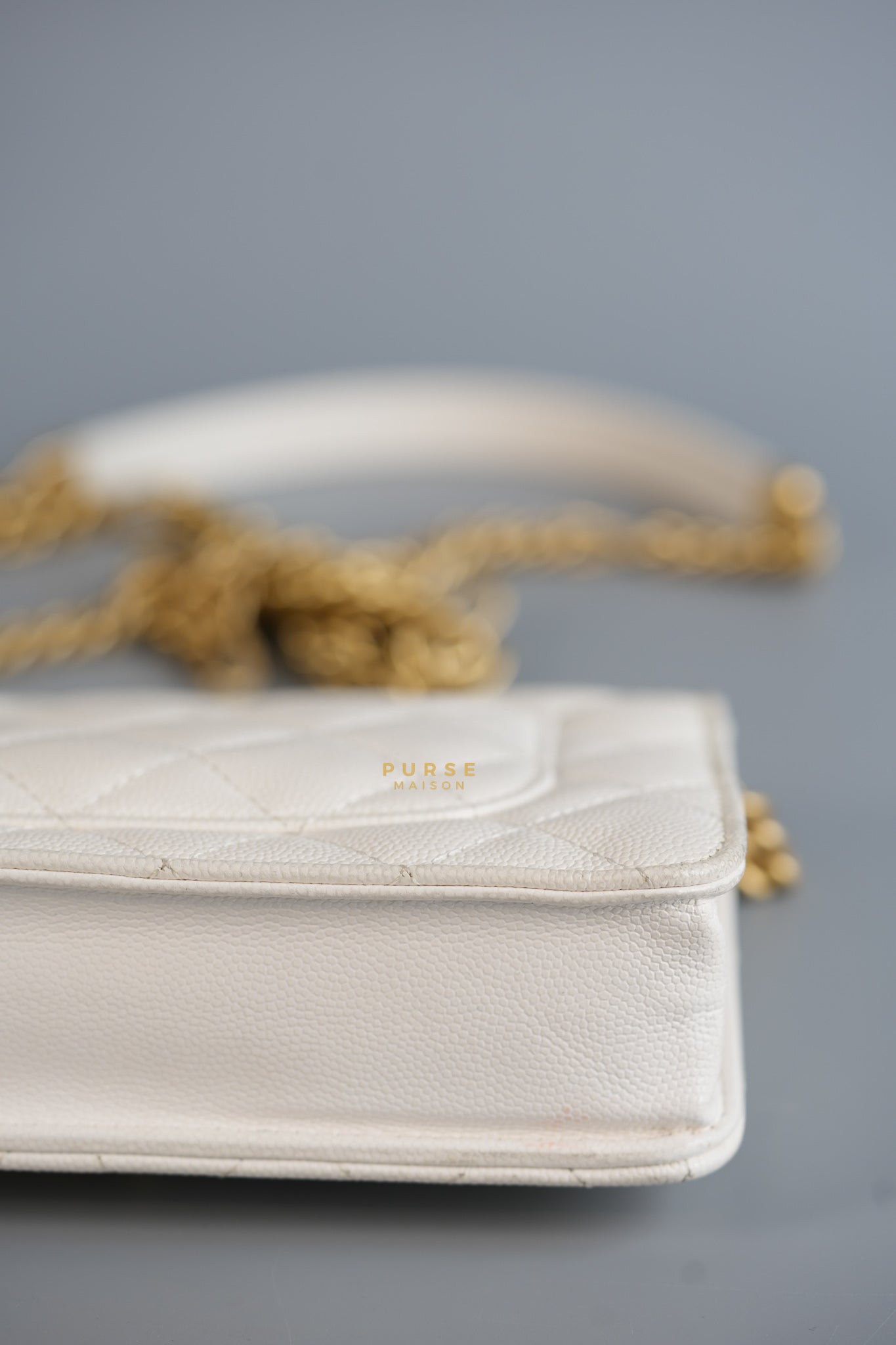 Wallet on Chain (WOC) in White Caviar Leather & Aged Gold Hardware (Microchip) | Purse Maison Luxury Bags Shop