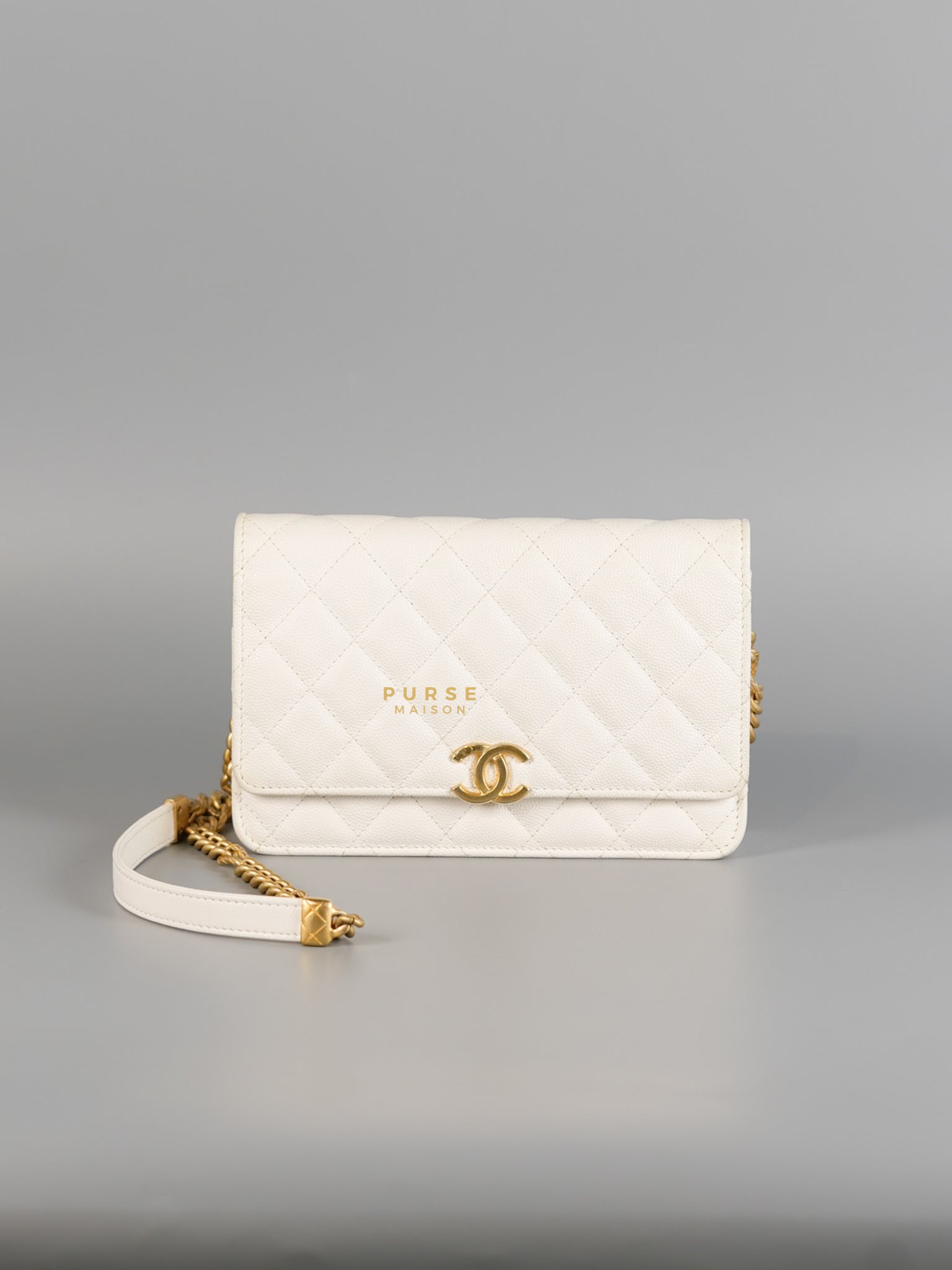 Wallet on Chain (WOC) in White Caviar Leather & Aged Gold Hardware (Microchip) | Purse Maison Luxury Bags Shop