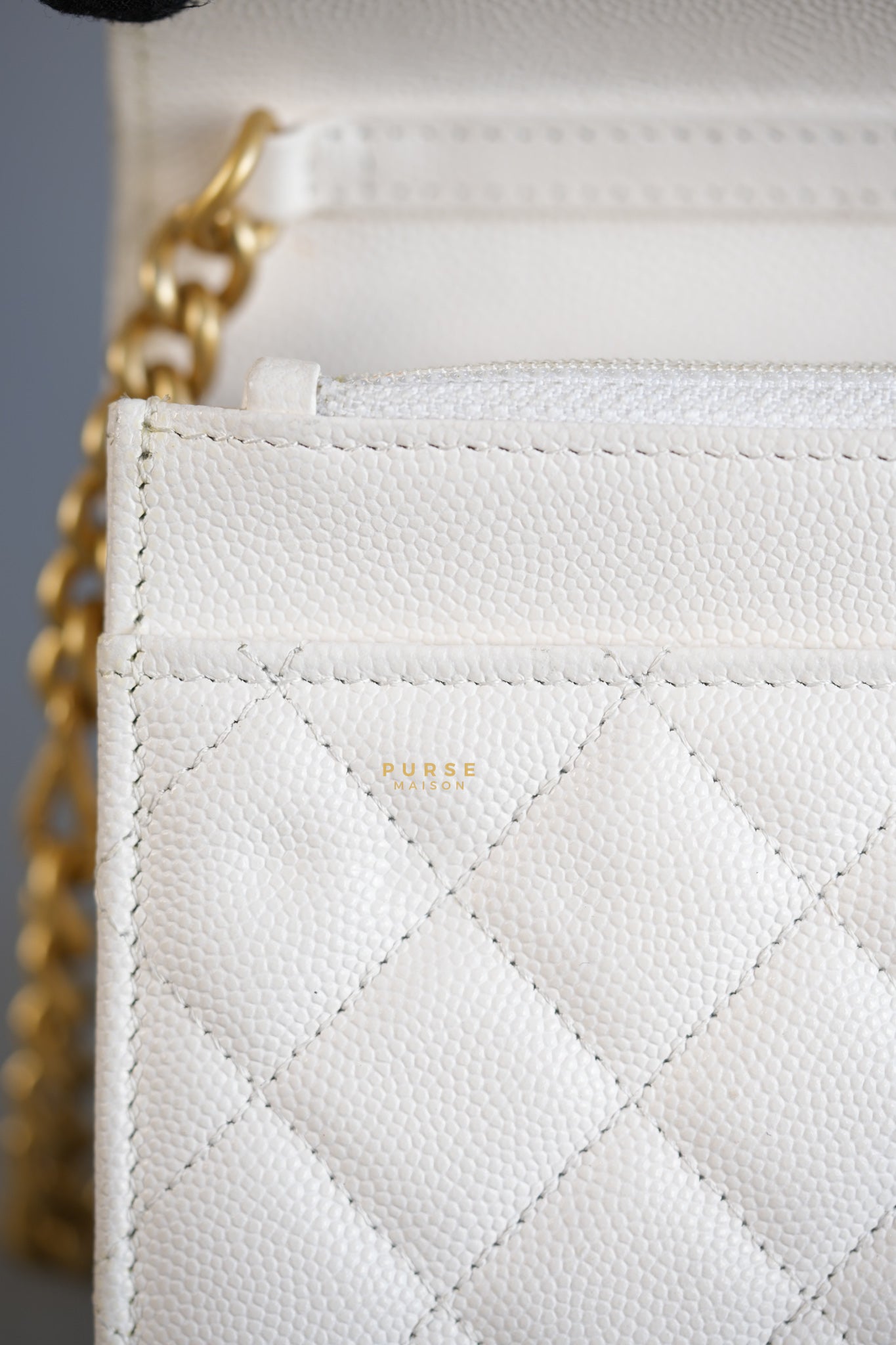 Wallet on Chain (WOC) in White Caviar Leather & Aged Gold Hardware (Microchip) | Purse Maison Luxury Bags Shop