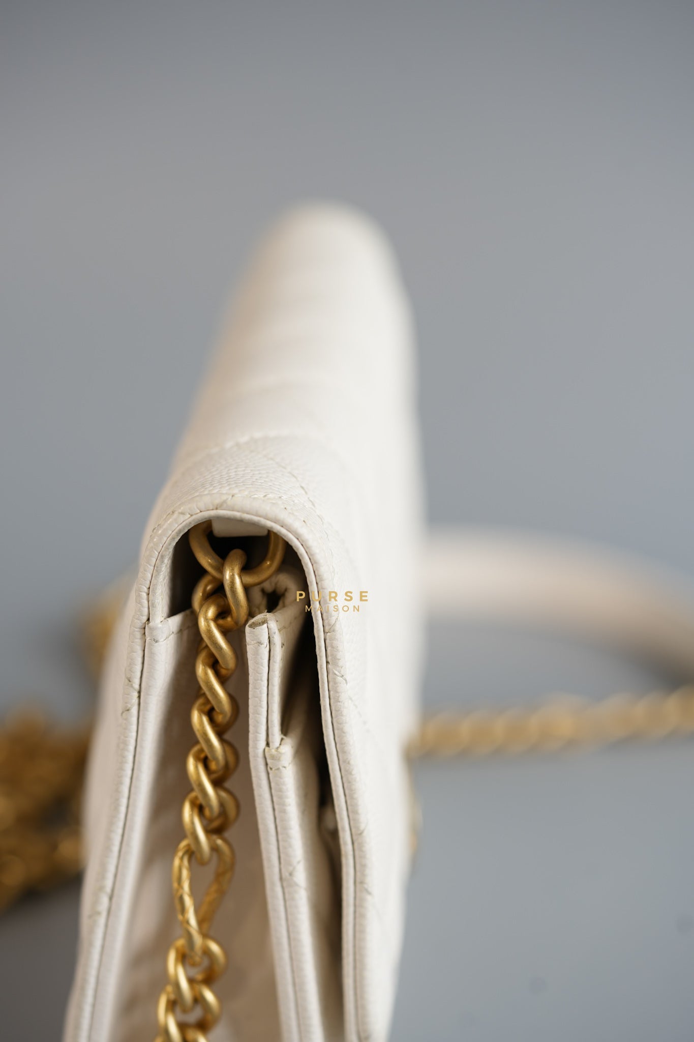 Wallet on Chain (WOC) in White Caviar Leather & Aged Gold Hardware (Microchip) | Purse Maison Luxury Bags Shop