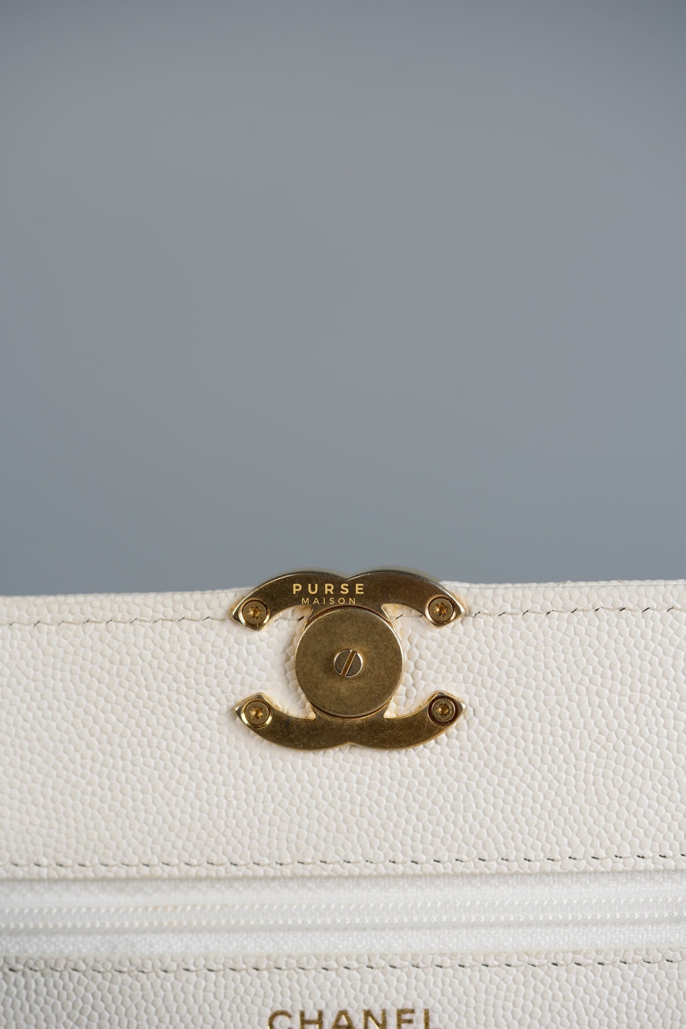 Wallet on Chain (WOC) in White Caviar Leather & Aged Gold Hardware (Microchip) | Purse Maison Luxury Bags Shop