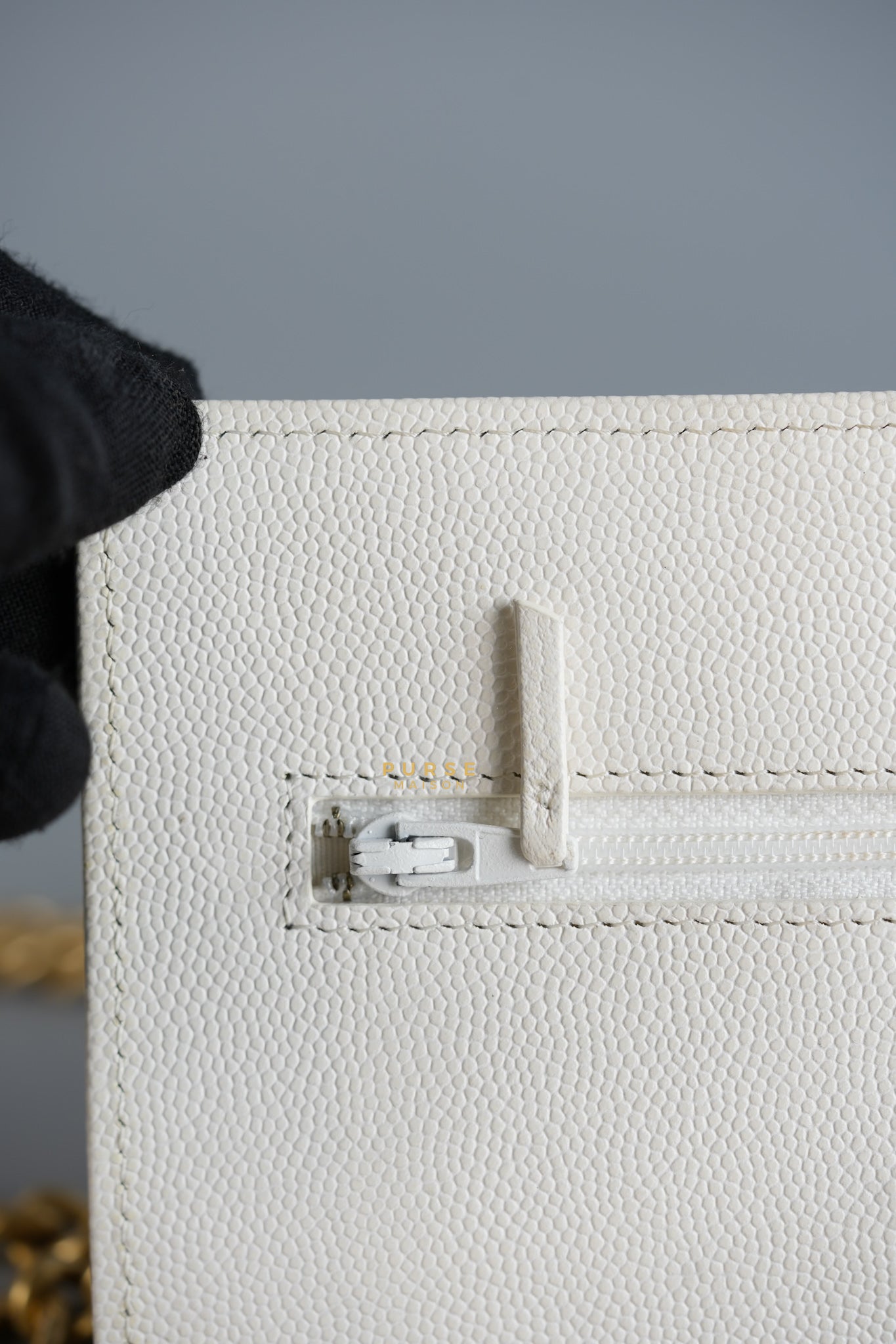 Wallet on Chain (WOC) in White Caviar Leather & Aged Gold Hardware (Microchip) | Purse Maison Luxury Bags Shop