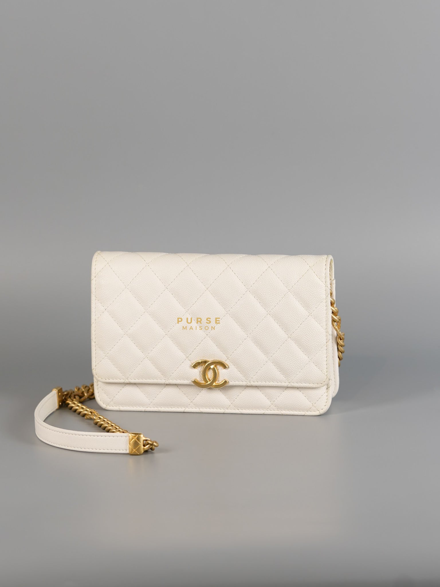 Wallet on Chain (WOC) in White Caviar Leather & Aged Gold Hardware (Microchip) | Purse Maison Luxury Bags Shop