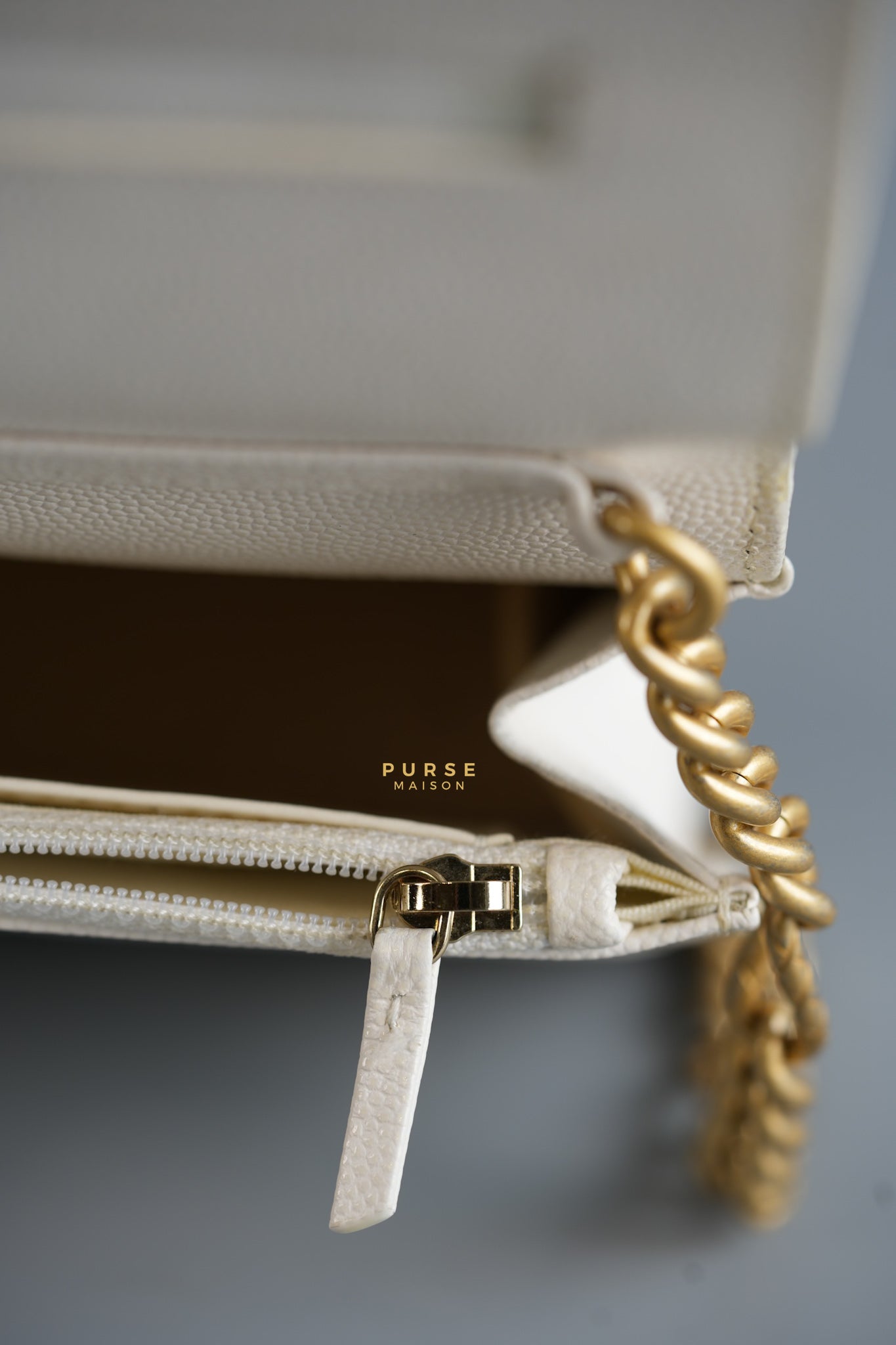 Wallet on Chain (WOC) in White Caviar Leather & Aged Gold Hardware (Microchip) | Purse Maison Luxury Bags Shop