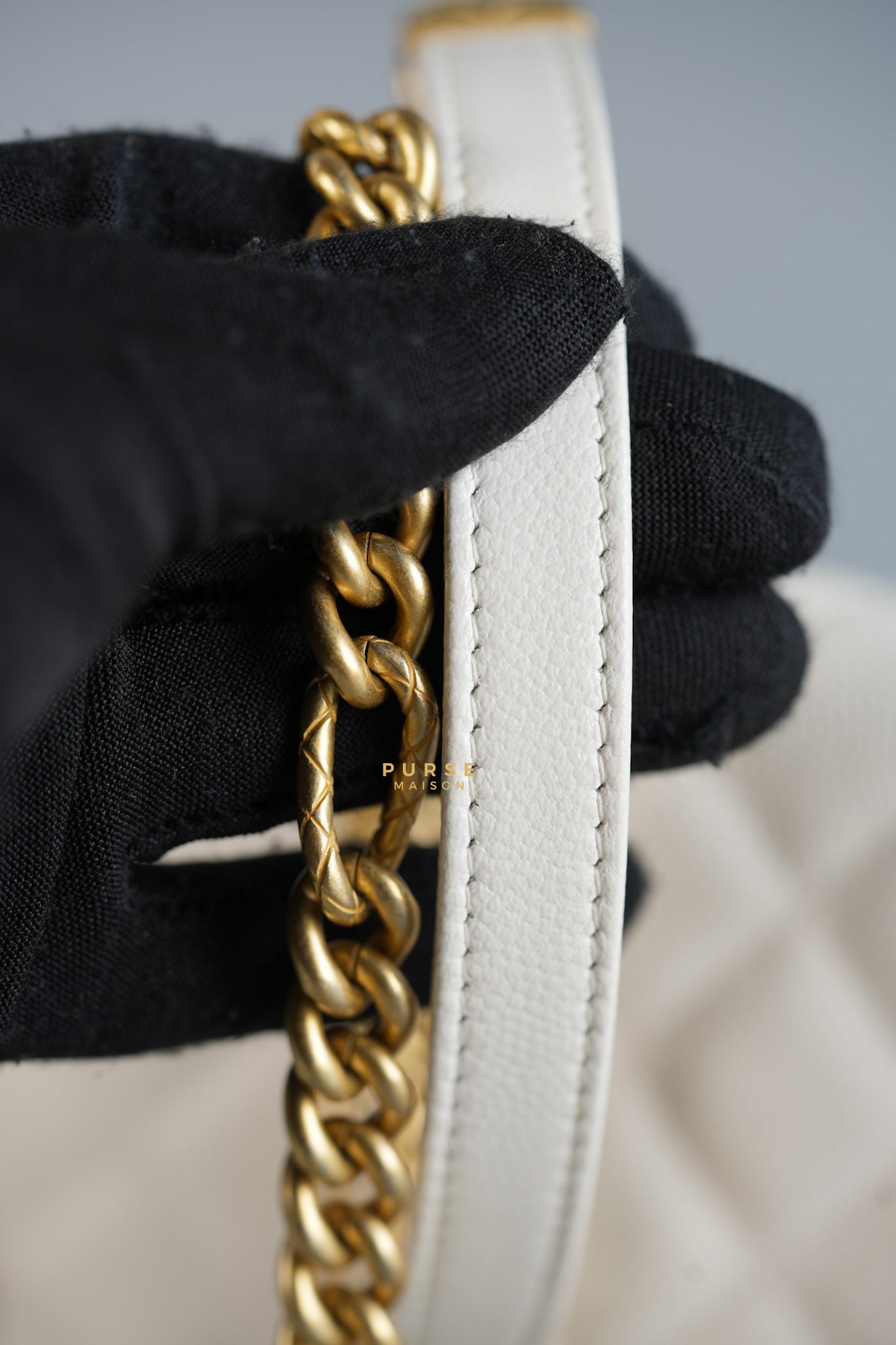 Wallet on Chain (WOC) in White Caviar Leather & Aged Gold Hardware (Microchip) | Purse Maison Luxury Bags Shop