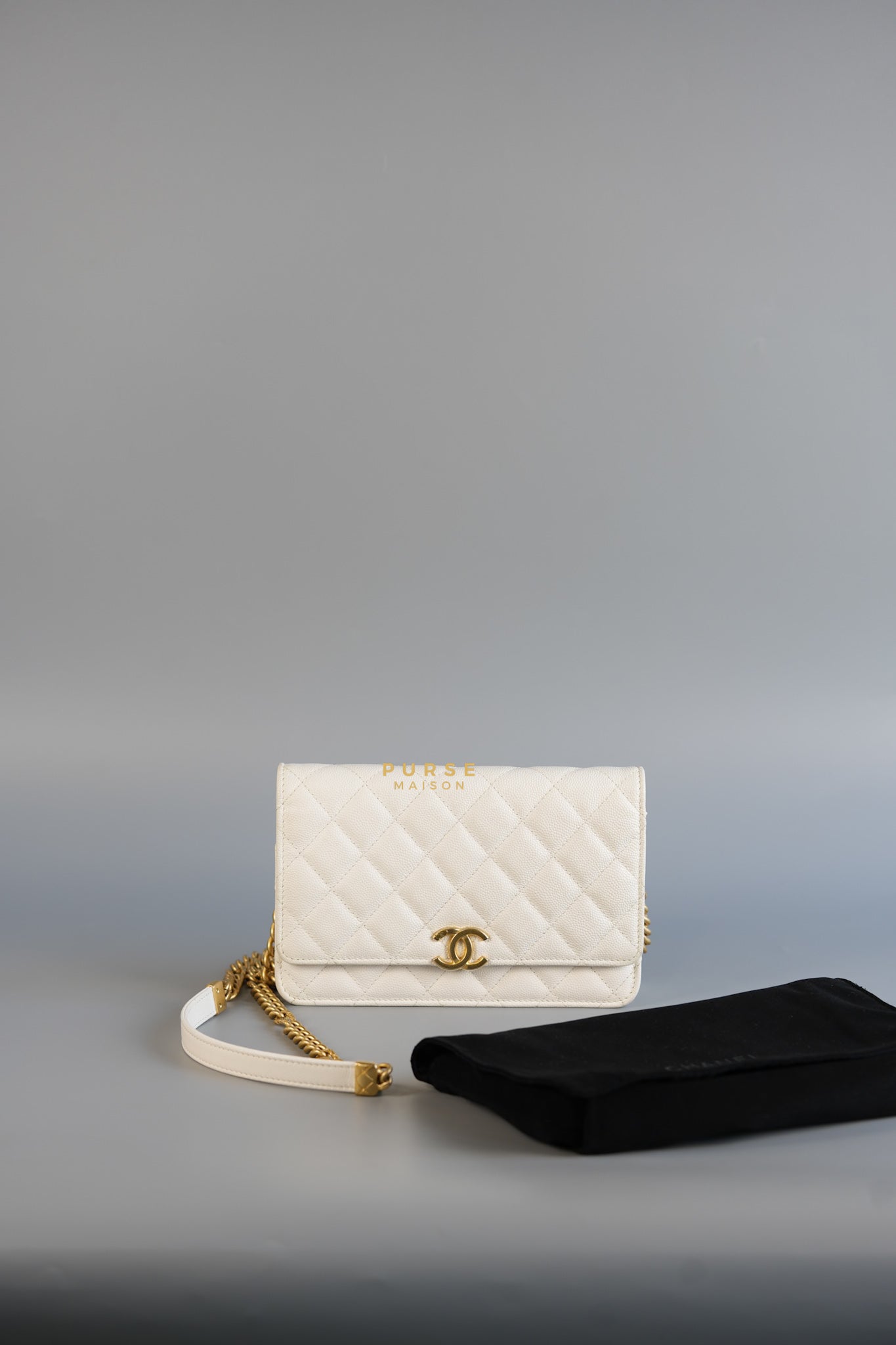 Wallet on Chain (WOC) in White Caviar Leather & Aged Gold Hardware (Microchip) | Purse Maison Luxury Bags Shop