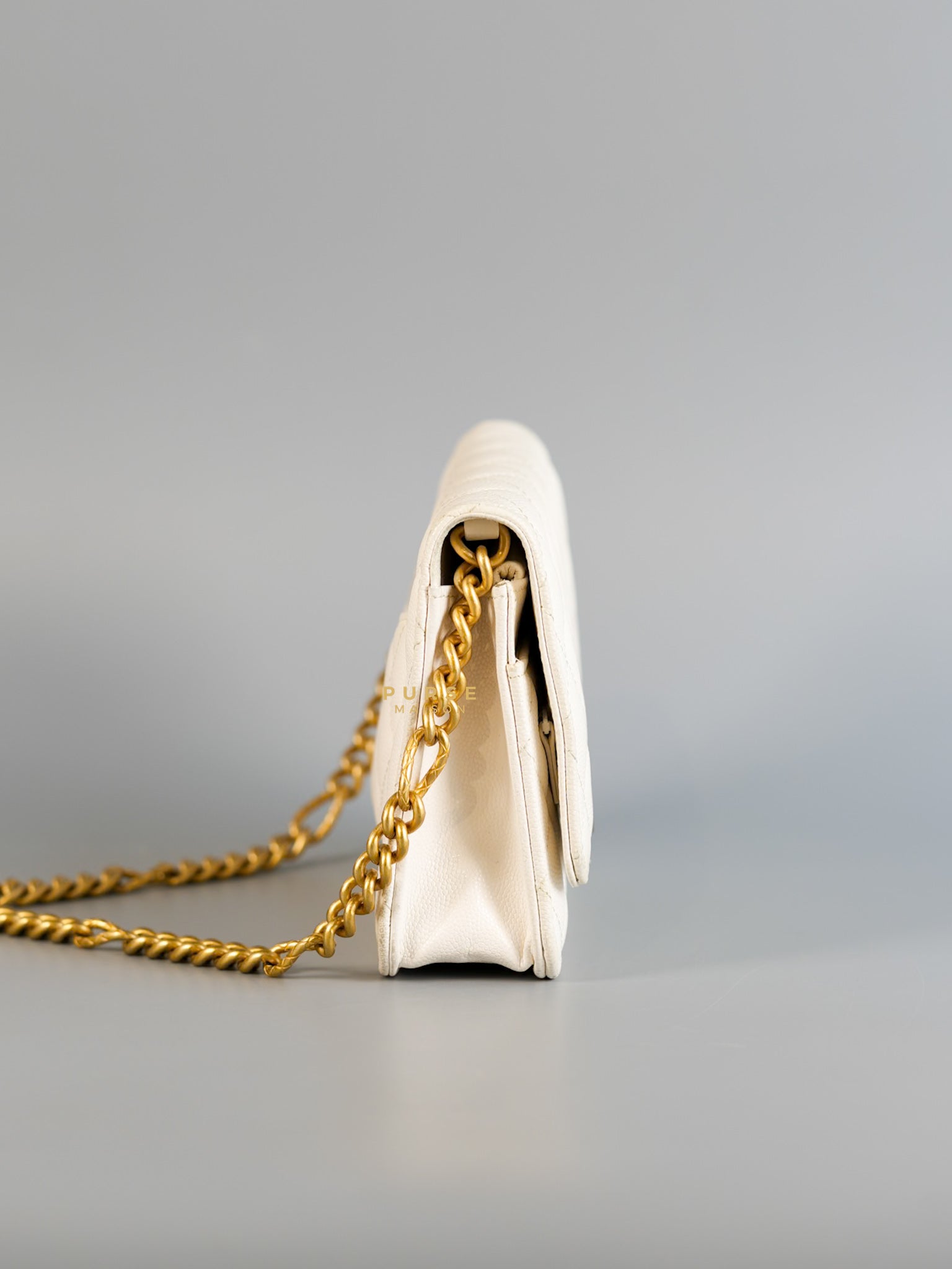 Wallet on Chain (WOC) in White Caviar Leather & Aged Gold Hardware (Microchip) | Purse Maison Luxury Bags Shop